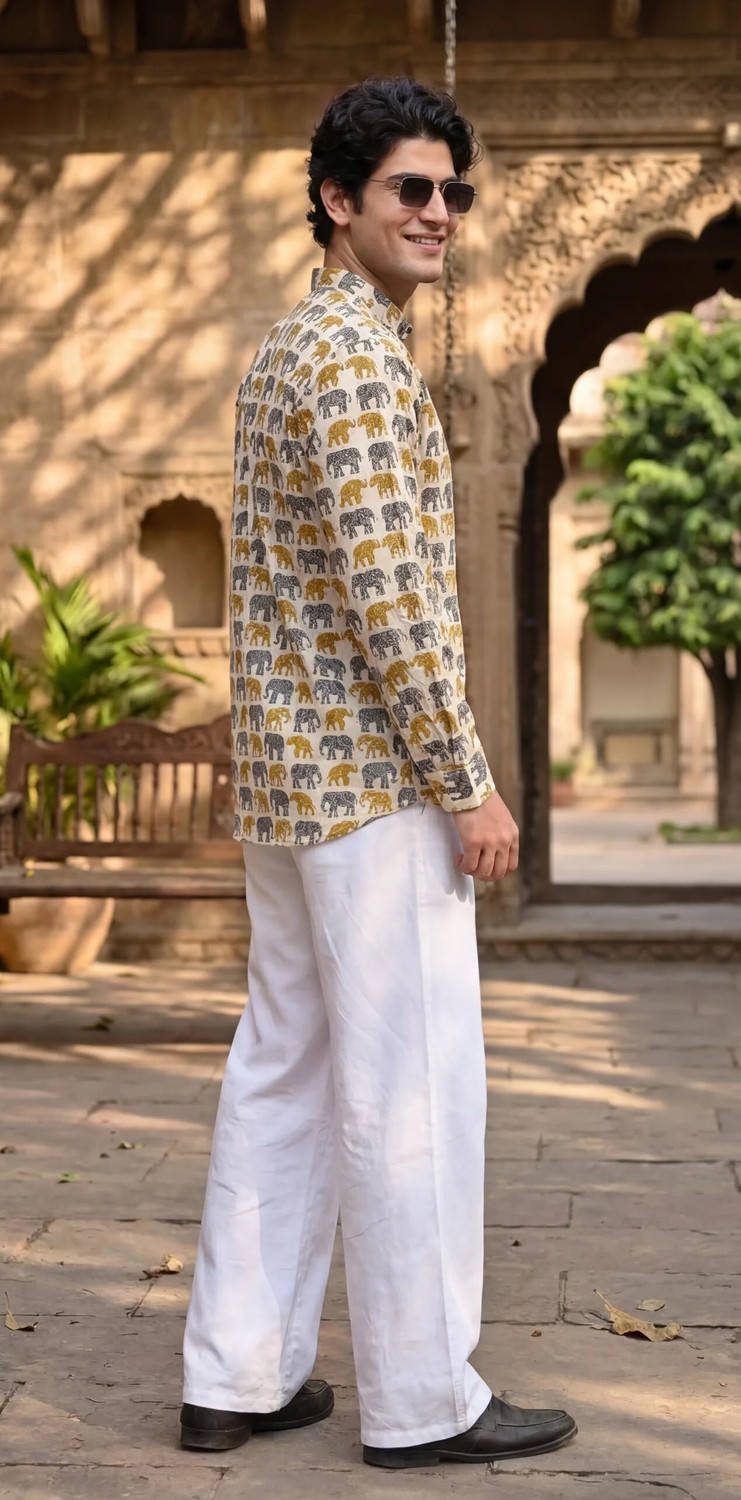 Image of shreeravitex Animal Print Linen Blend Straight Kurta for Men (Multicolor)