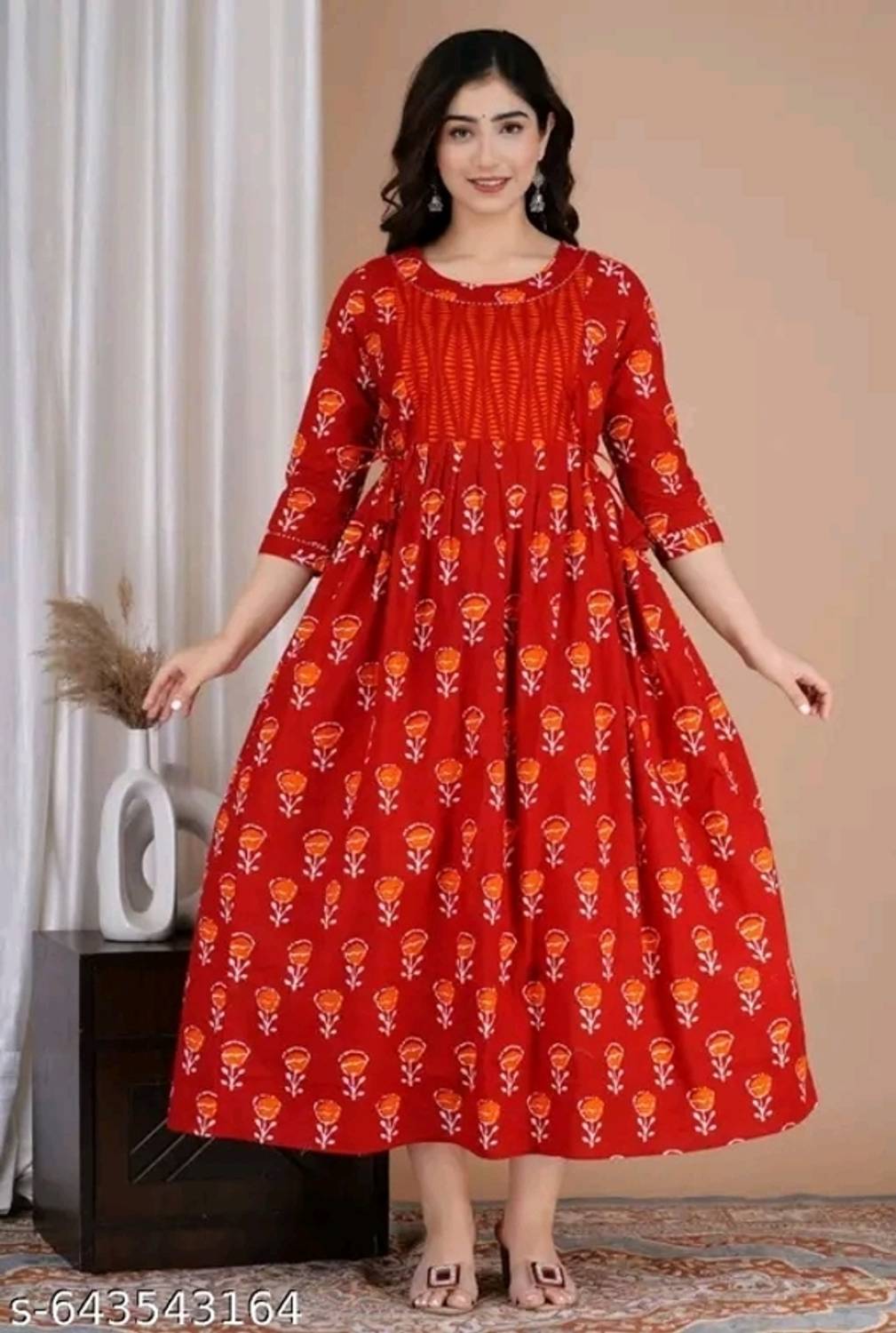 PG Garments Women Printed Pure Cotton Flared Kurta (Red)