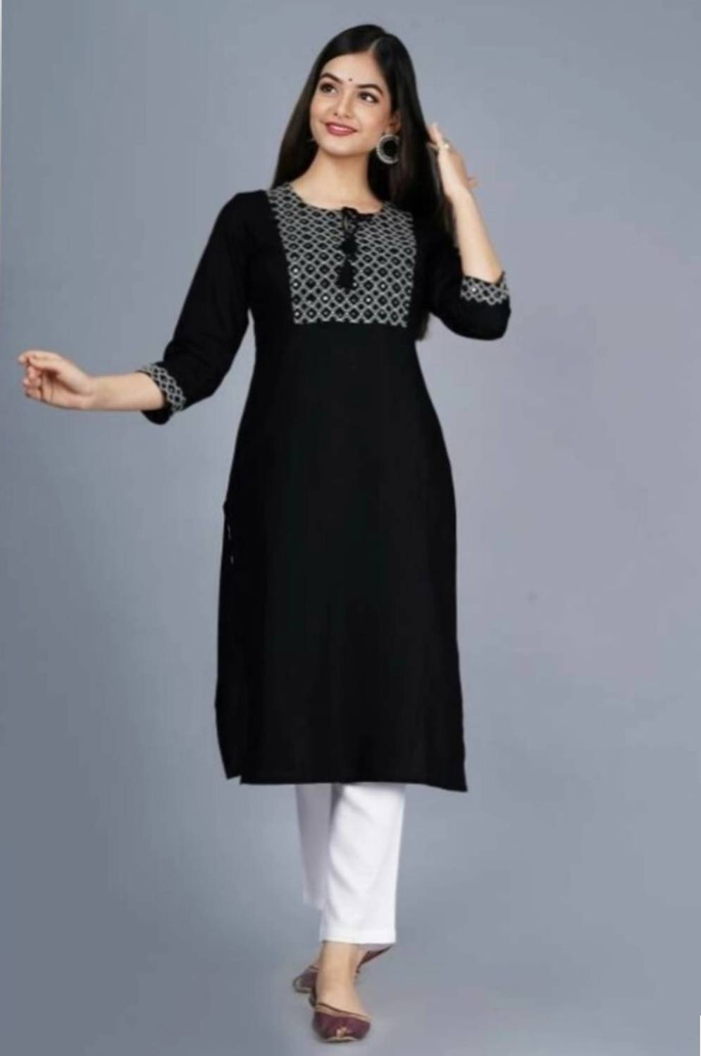 Fem Fashion Store Women Printed Khadi Cotton A-line Kurta (Black)