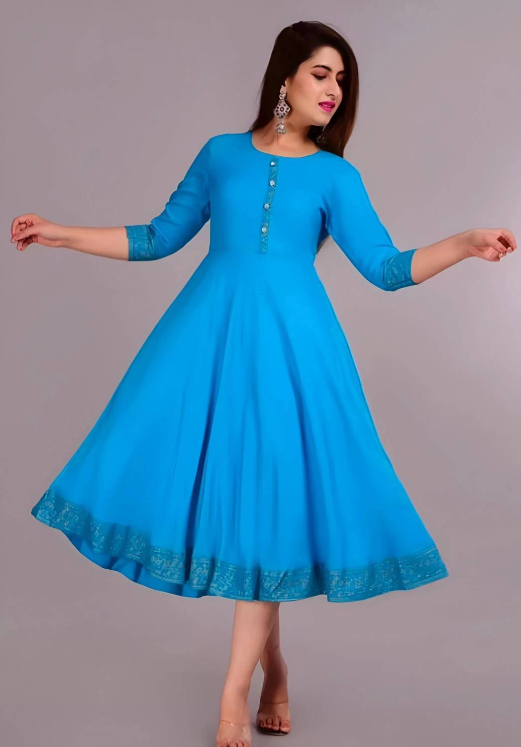 Aao Women Solid, Printed Cotton Rayon Anarkali Kurta (Blue)