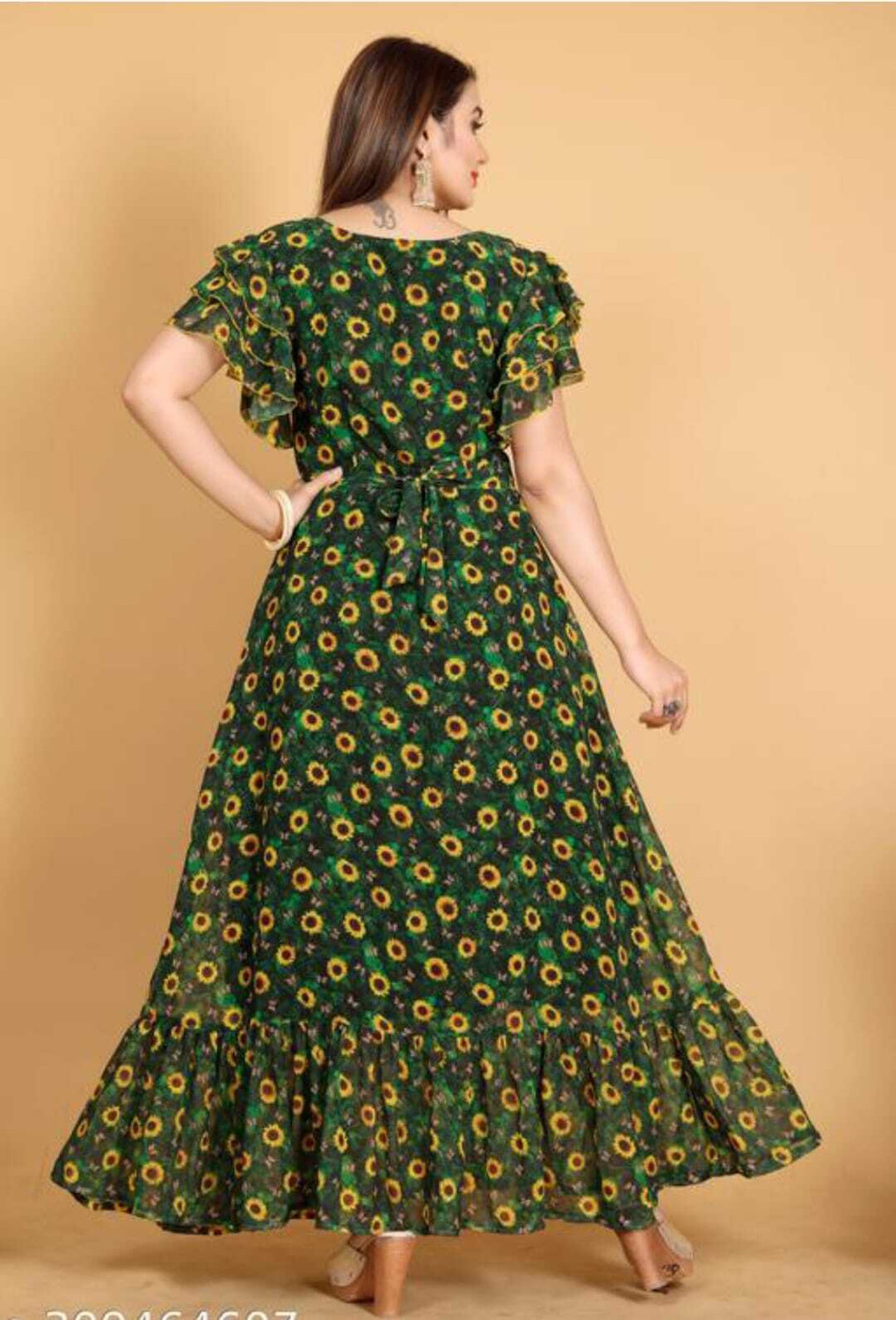 Image of Mahudi Printed Georgette Anarkali Kurta for Women (Green)