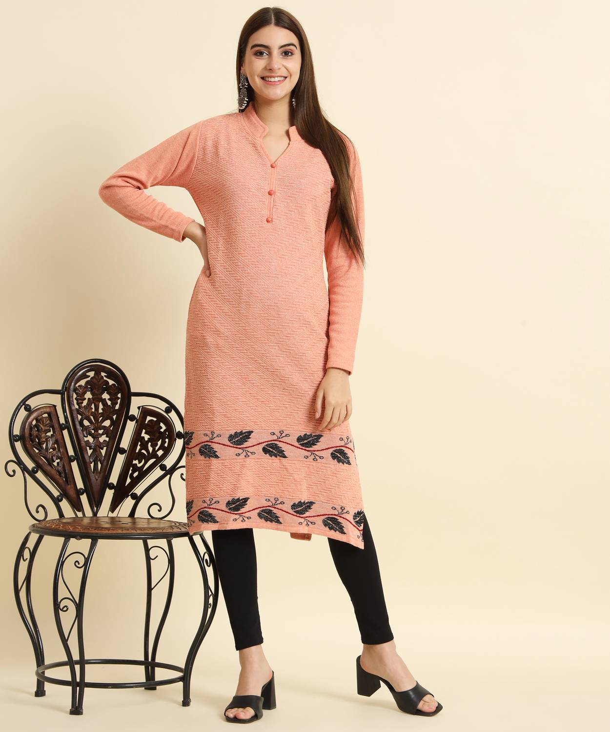 Tracy Women Printed Wool Straight Kurta (Orange, Black)