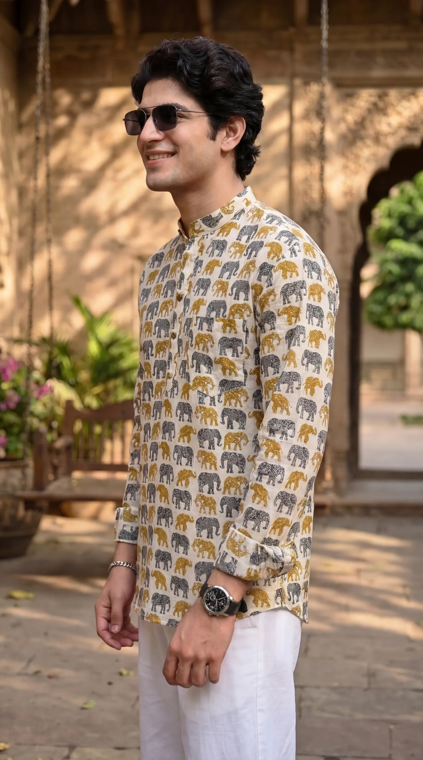 Image of shreeravitex Animal Print Linen Blend Straight Kurta for Men (Multicolor)
