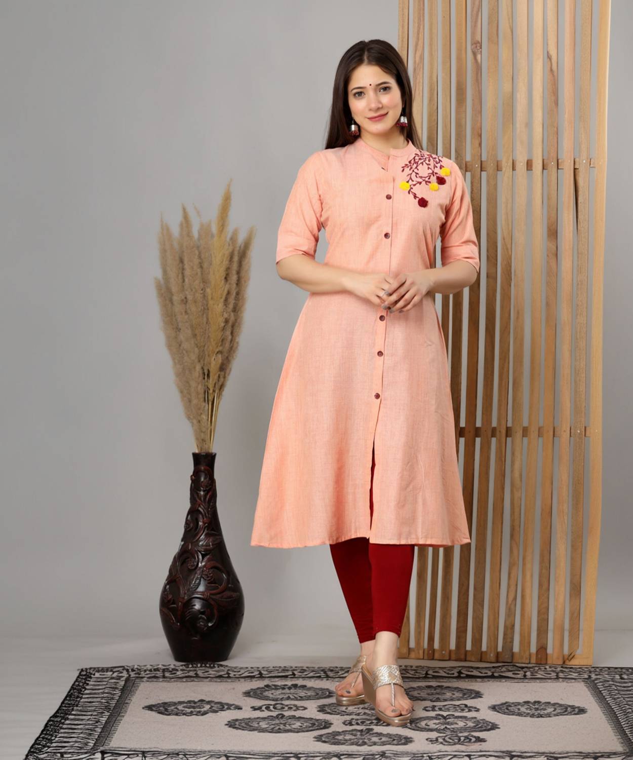 LOOMS21 Women Embroidered Cotton Blend A-line Kurta (Orange)