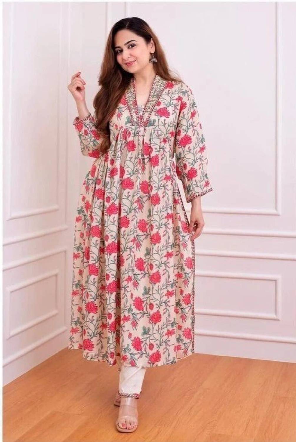 CAndi creation Women Printed Cotton Blend Straight Kurta (Beige,