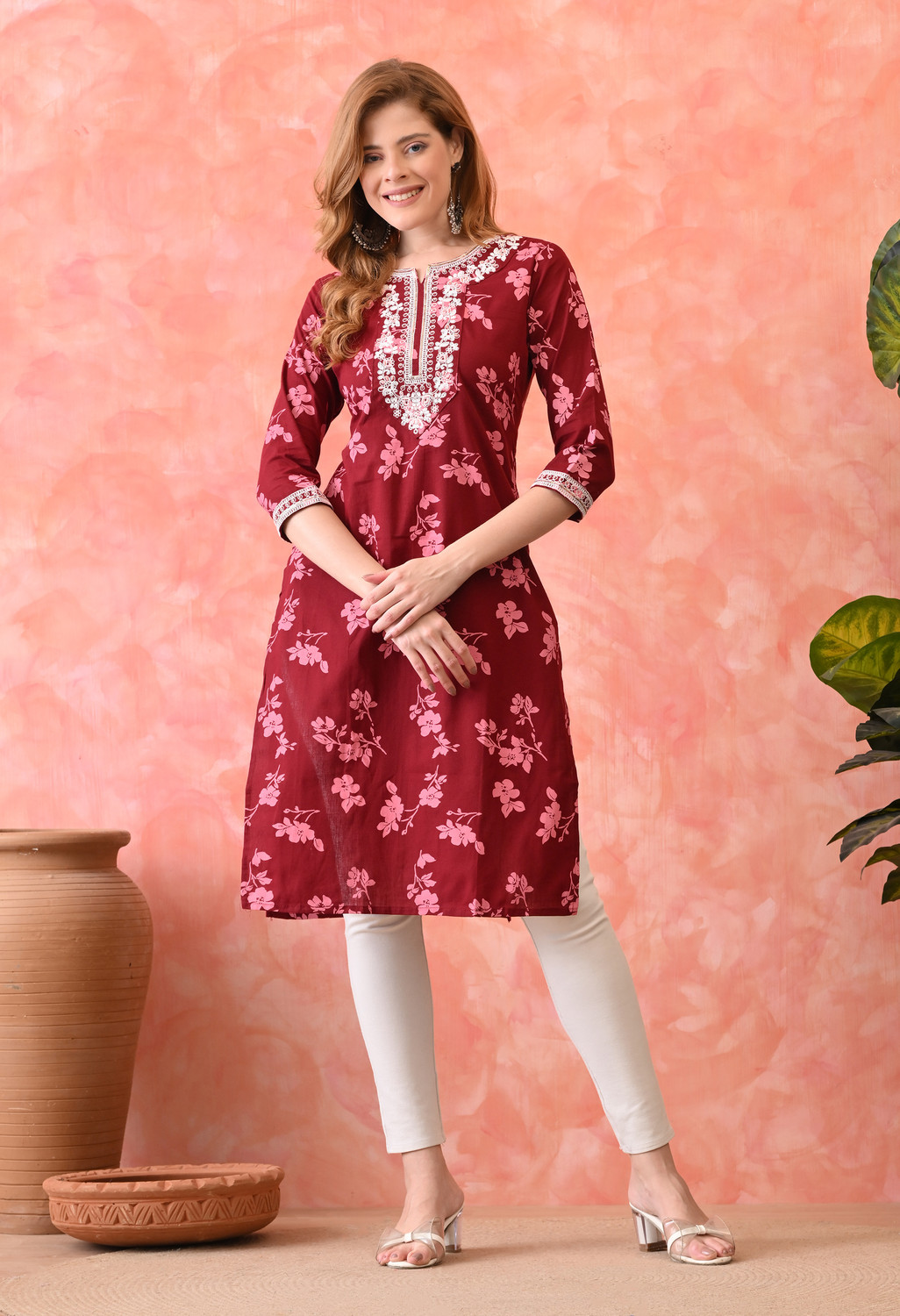 Image of KKOUTFITS Floral Print Pure Cotton Straight Kurta for Women (Maroon)
