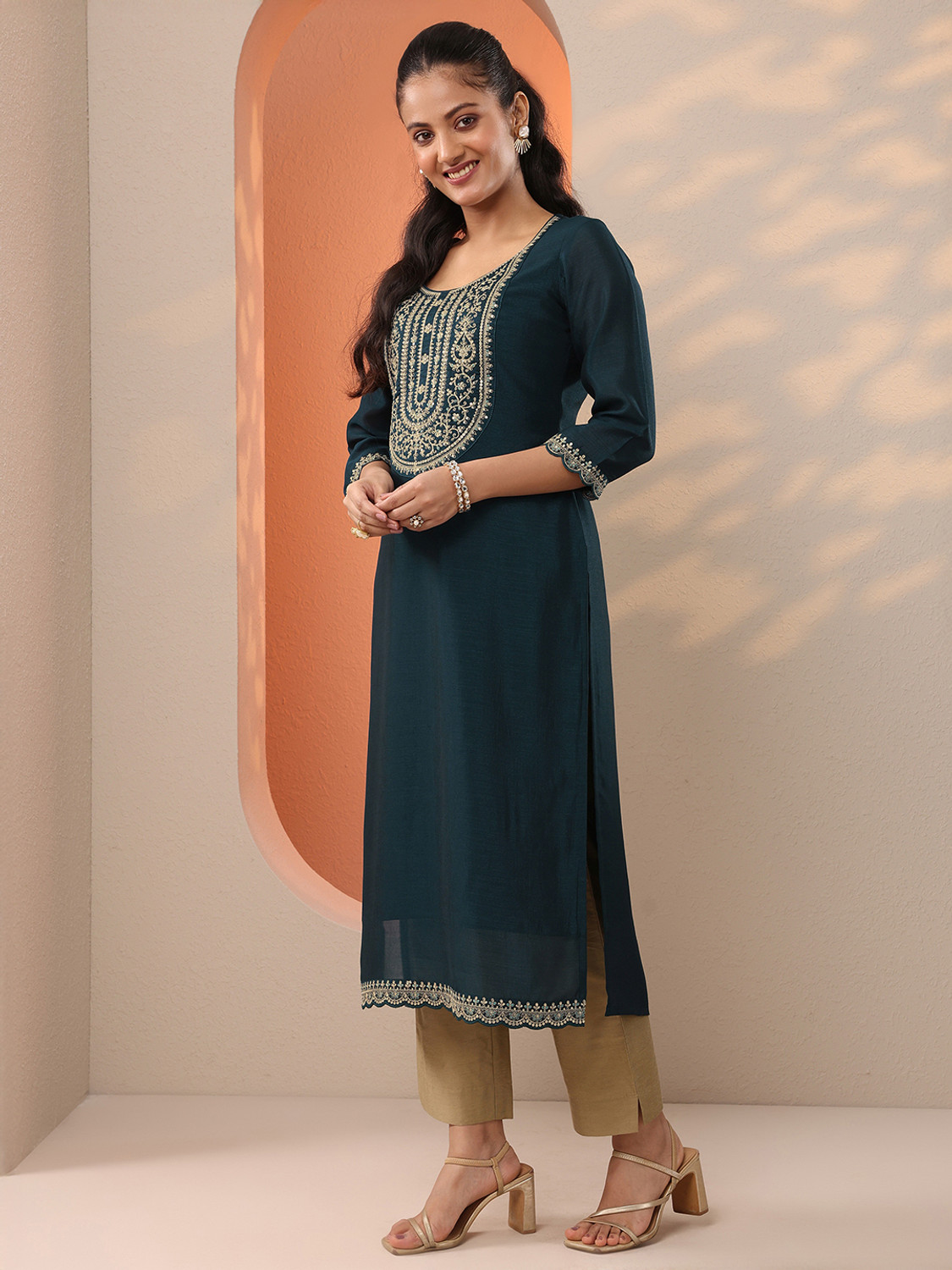 Image of LIBAS Embroidered Silk Blend Straight Kurta for Women (Blue)