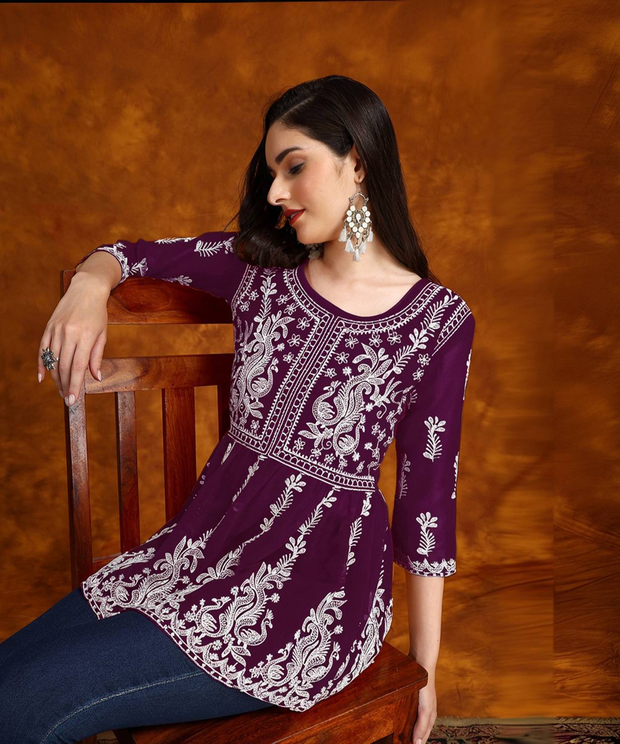 Youthnic Women Chikan Embroidery Georgette Flared Kurta (Purple)