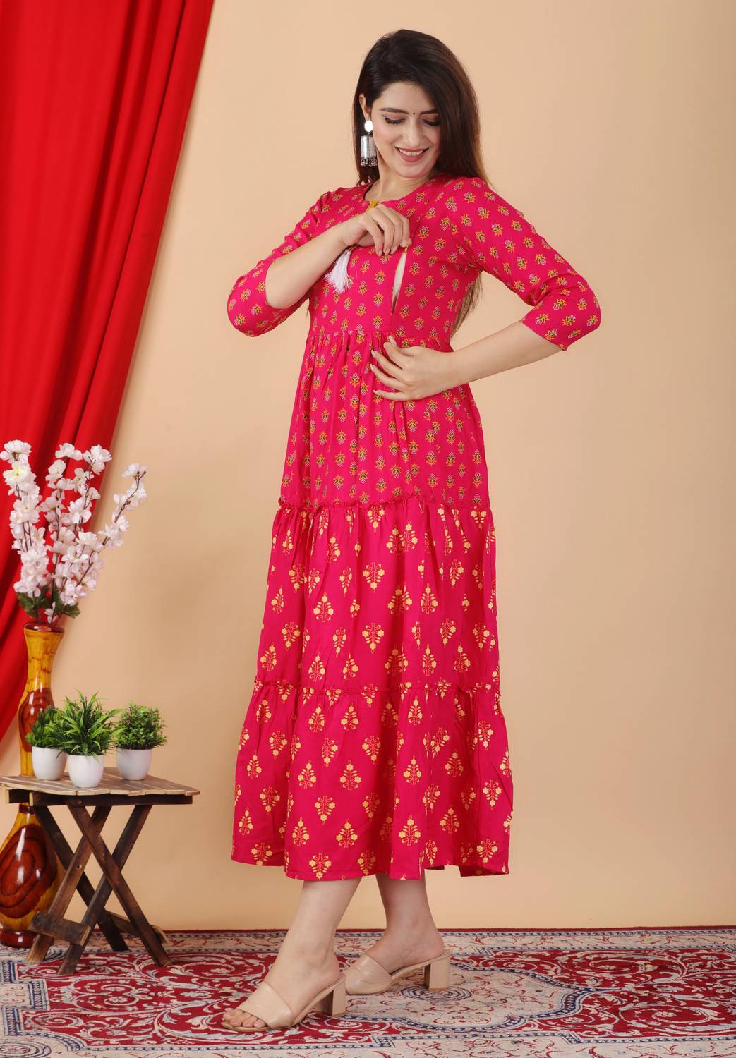 Most Women Printed Pure Cotton Flared Kurta (Pink)