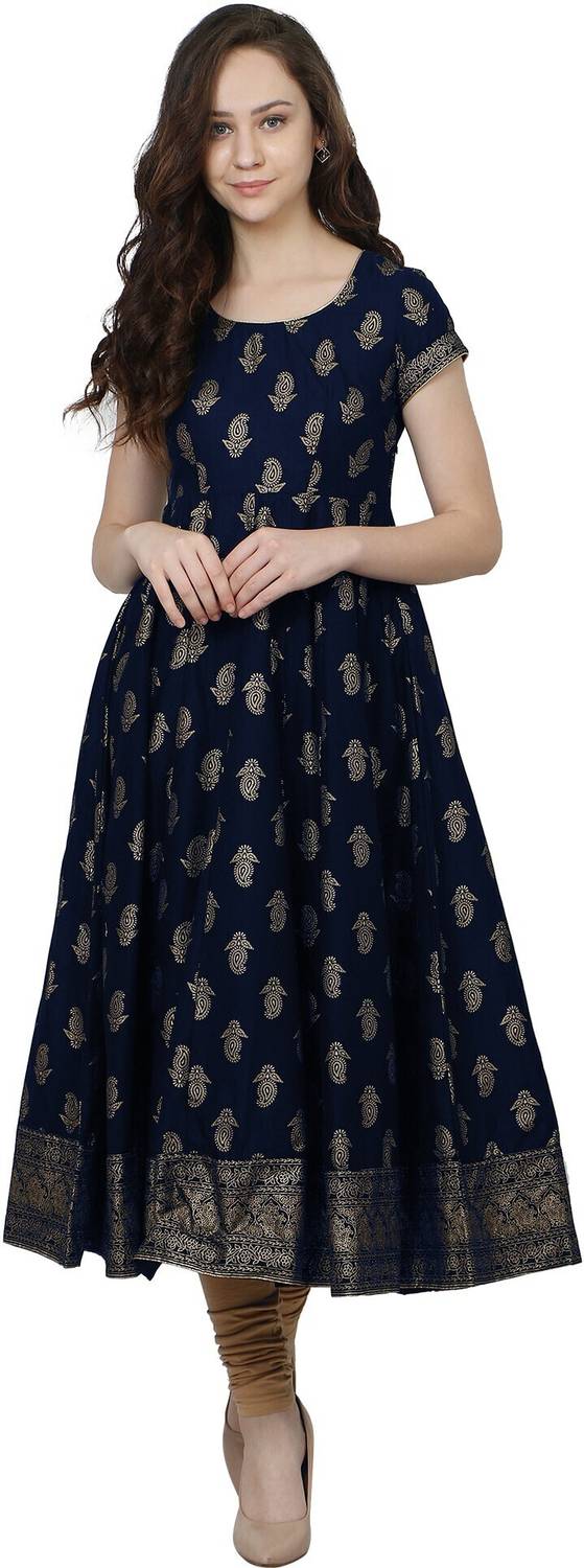 poshak Women Printed Cotton Blend Flared Kurta (Blue)