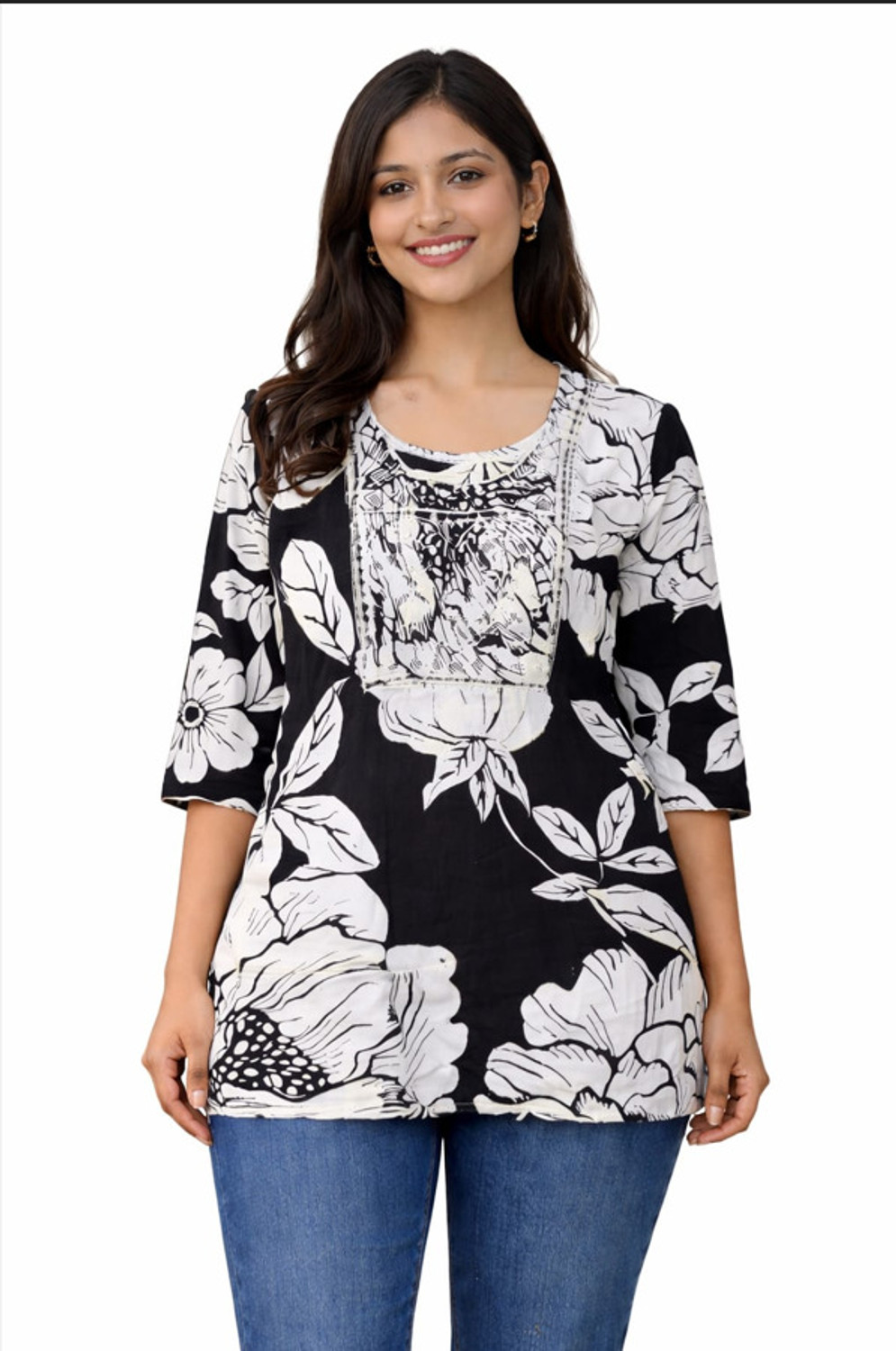 Image of threadsphere Women Floral Print, Embroidered Straight Kurta