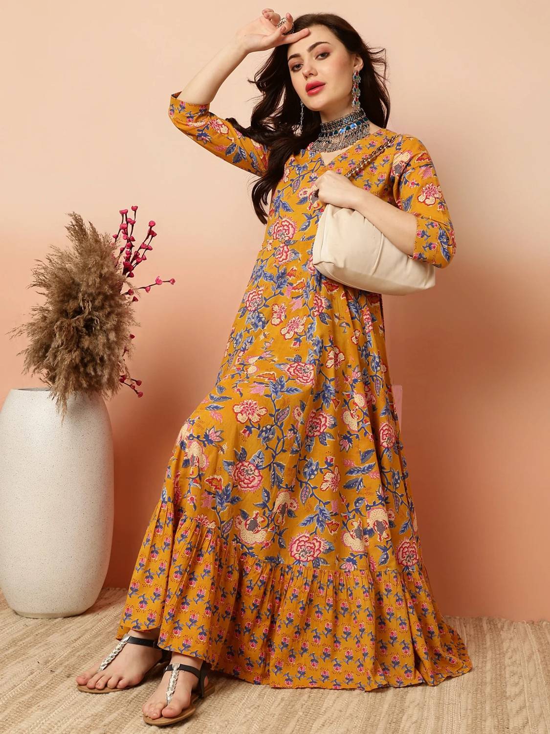 Sa Rasa Women Printed Pure Cotton Anarkali Kurta (Yellow)