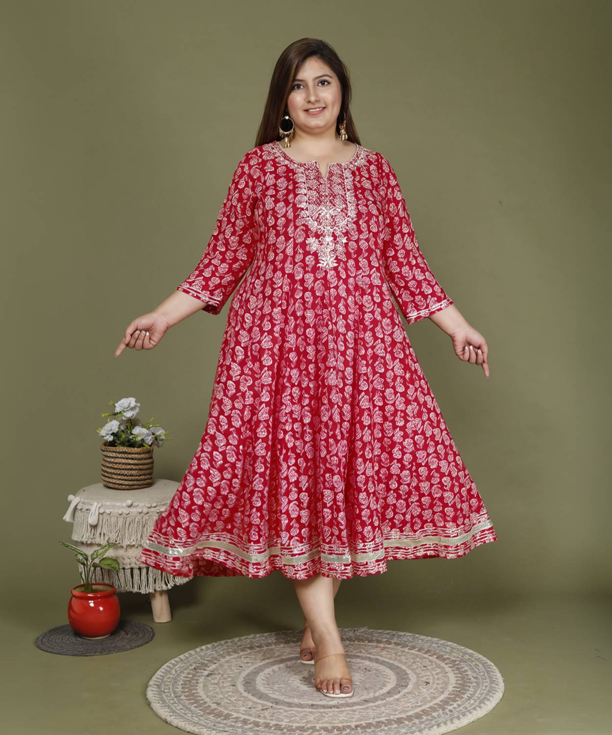 Swasti Women Embroidered Cotton Blend Gown Kurta (Pink, Red)