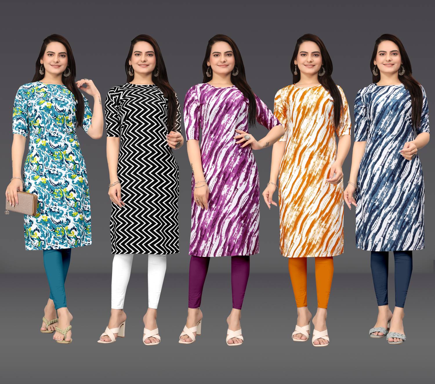 KASASKA Pack of 5 Women Geometric Print, Floral Print Crepe A-lin