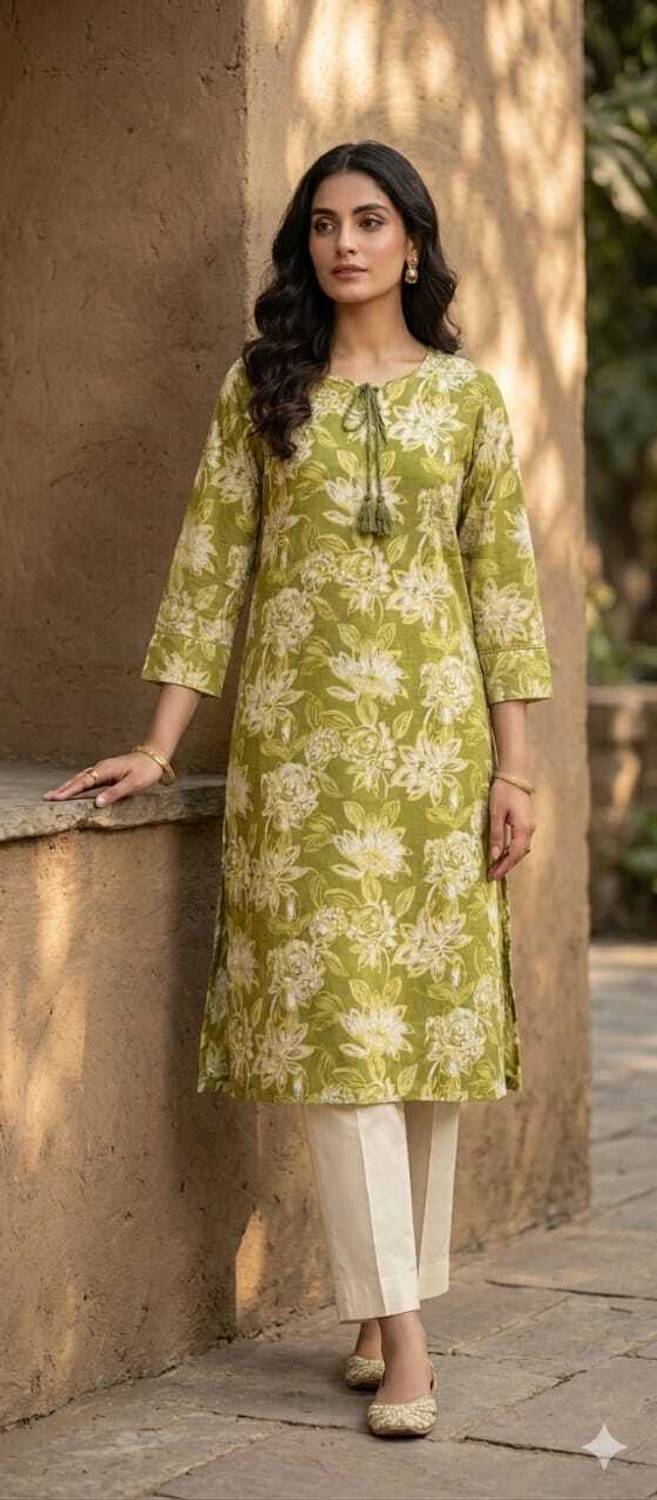 Zyntria Women Floral Print Cotton Blend Straight Kurta (Green)