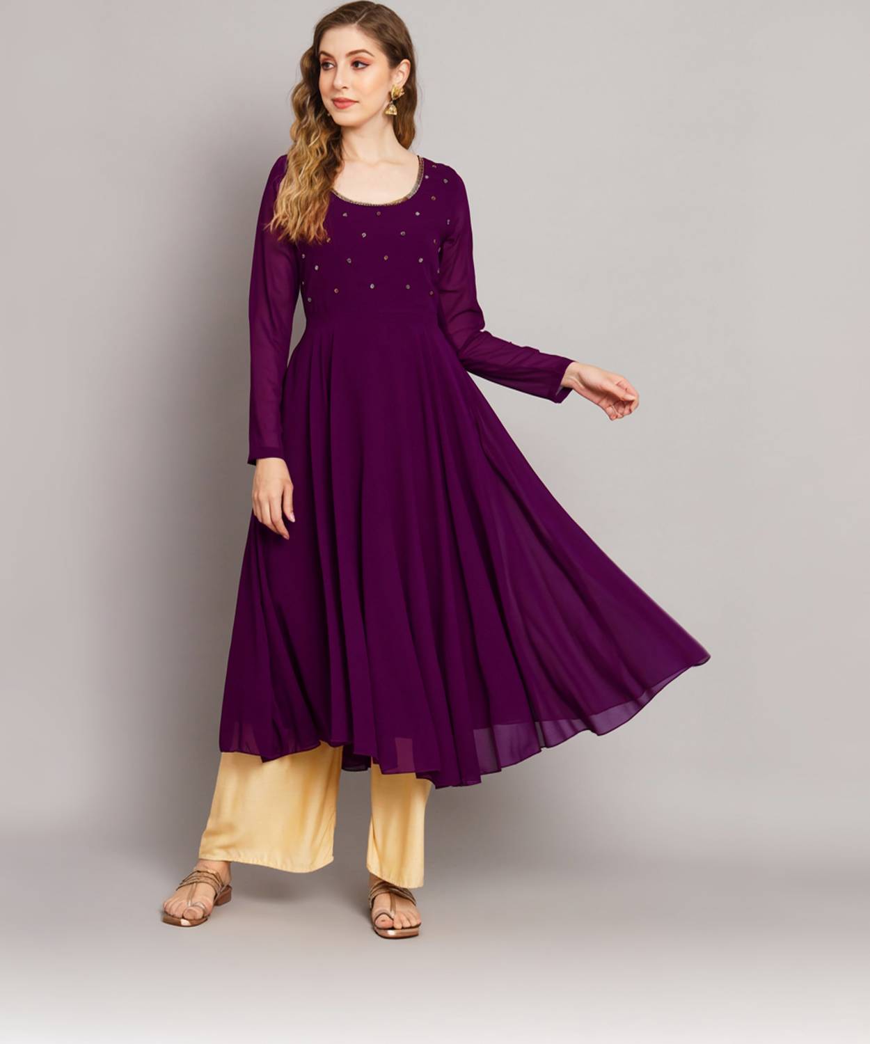 Poshak Hub Women Embroidered Georgette Anarkali Kurta (Purple)