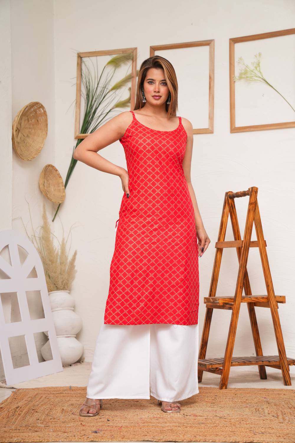 HARSUKHI Women Floral Print Viscose Rayon Straight Kurta (Red)