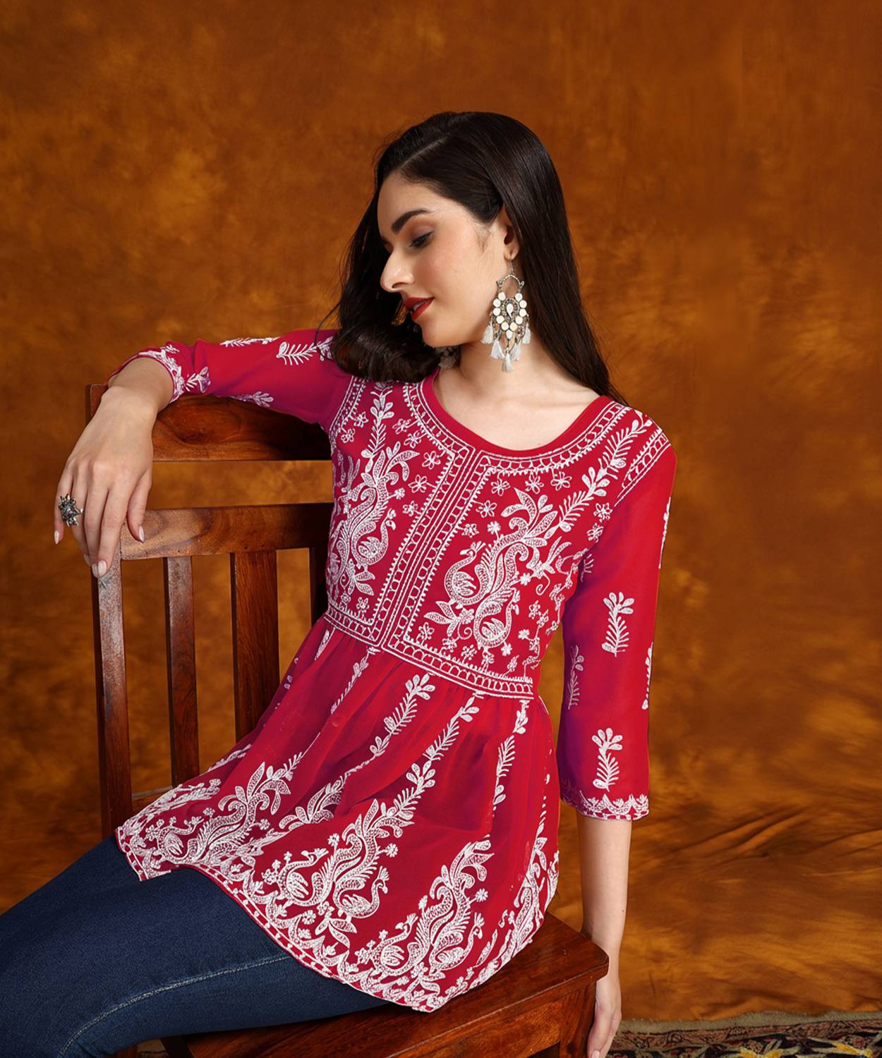 Youthnic Women Chikan Embroidery Georgette Flared Kurta (Red)