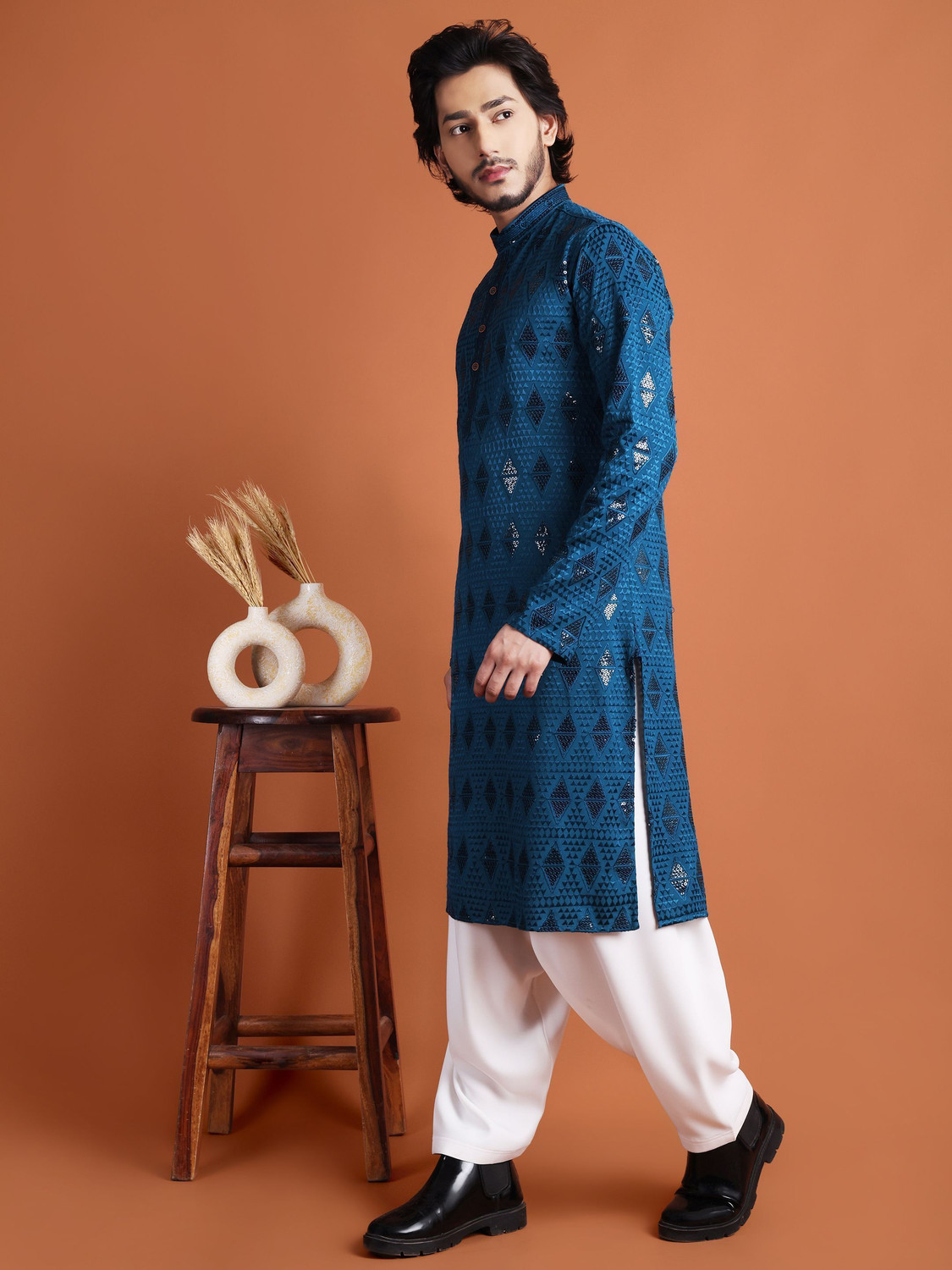 Image of TIBRA Men Embroidered, Embellished Straight Kurta