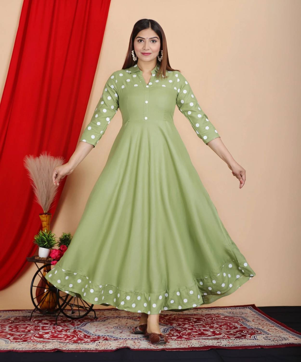 DARGU Women Polka Print Viscose Rayon Anarkali Kurta (Green, Whit