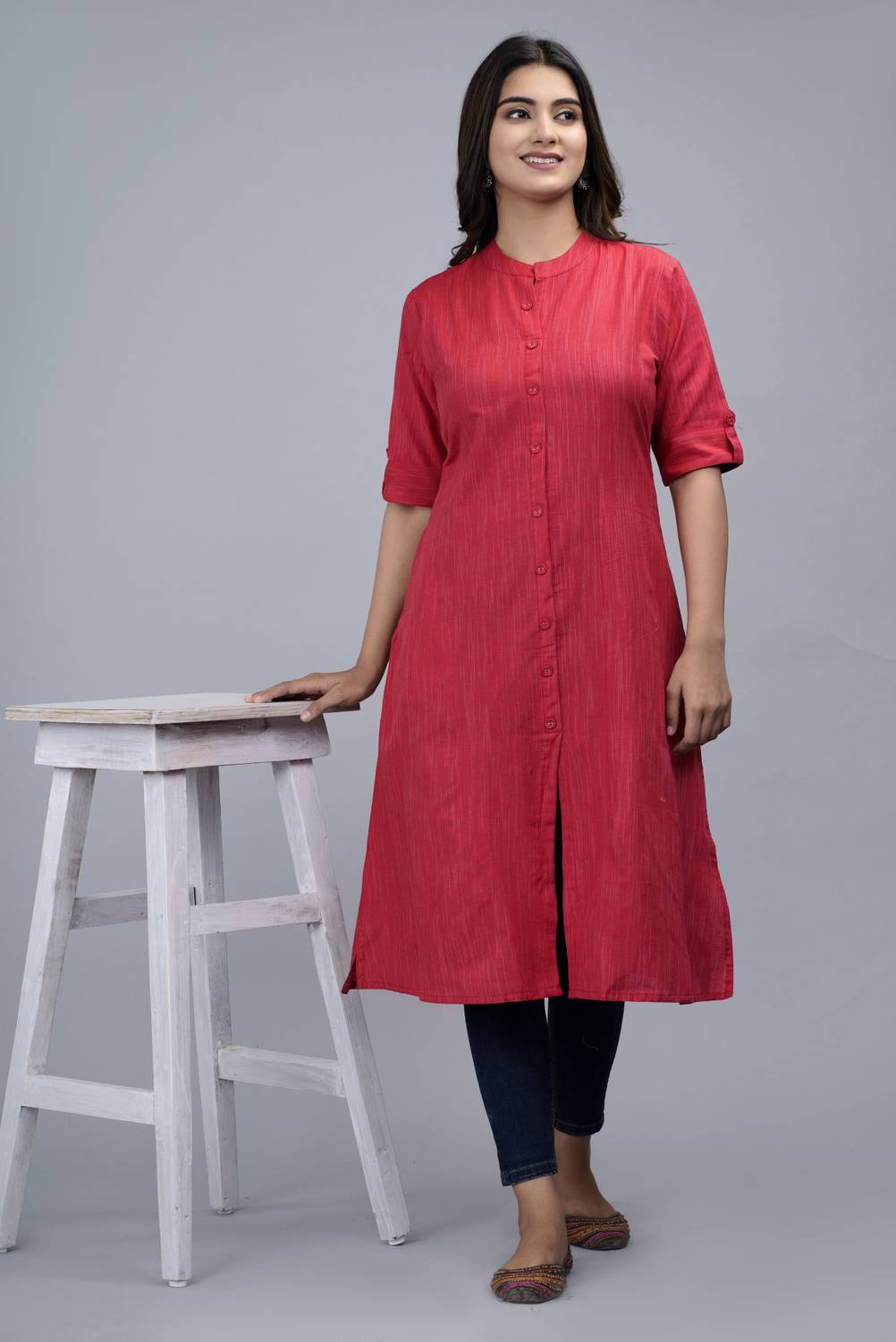 heartloom Women Solid Khadi Cotton A-line Kurta (Red)