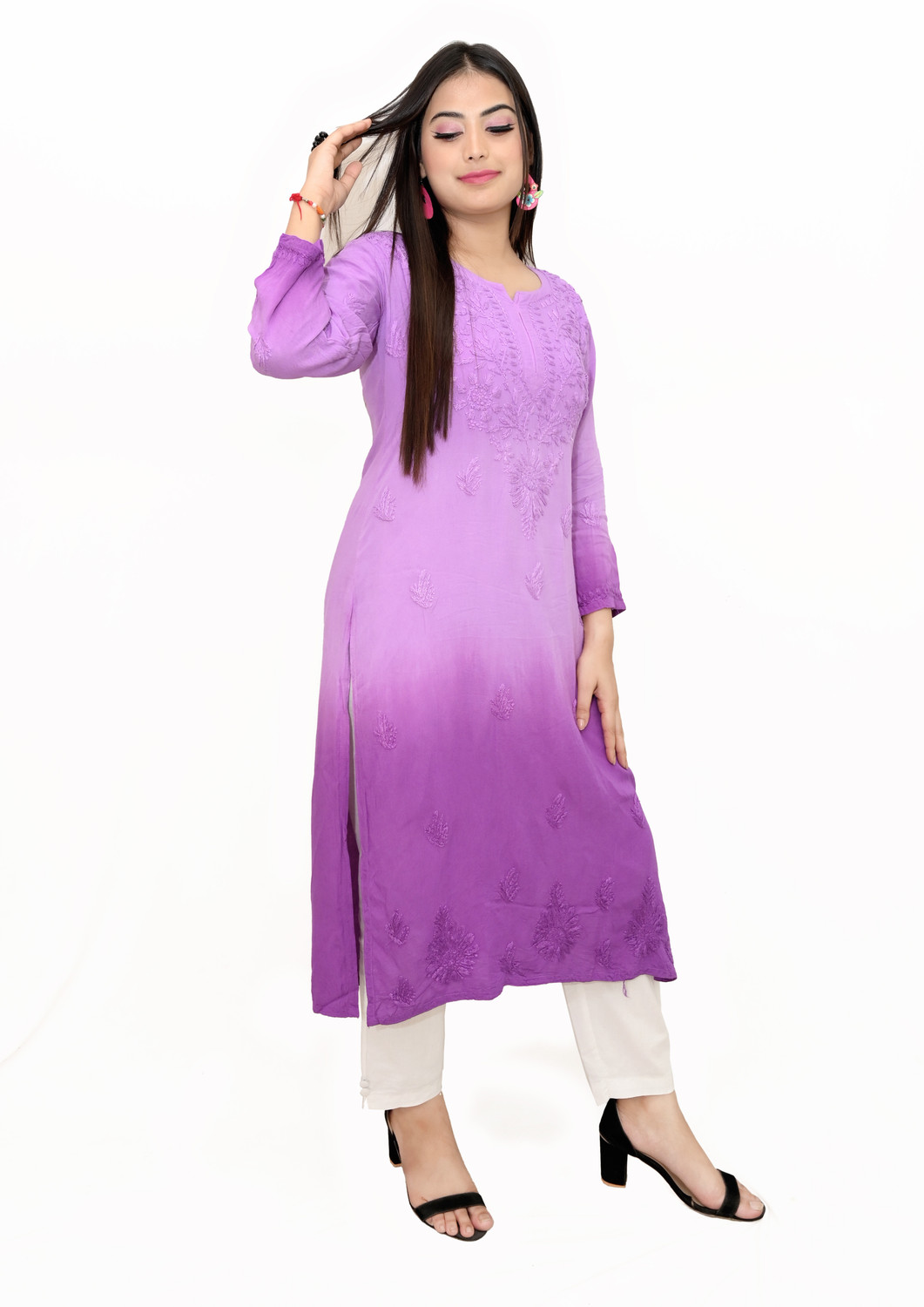 Image of Narayani Collections Women Chikan Embroidery Straight Kurta