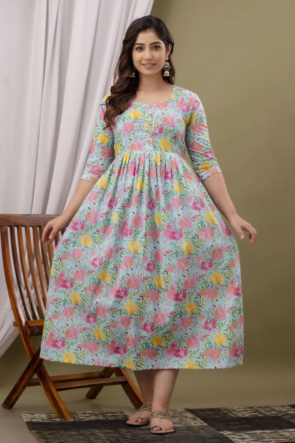 Madfury Women Printed Pure Cotton Anarkali Kurta (Multicolor)