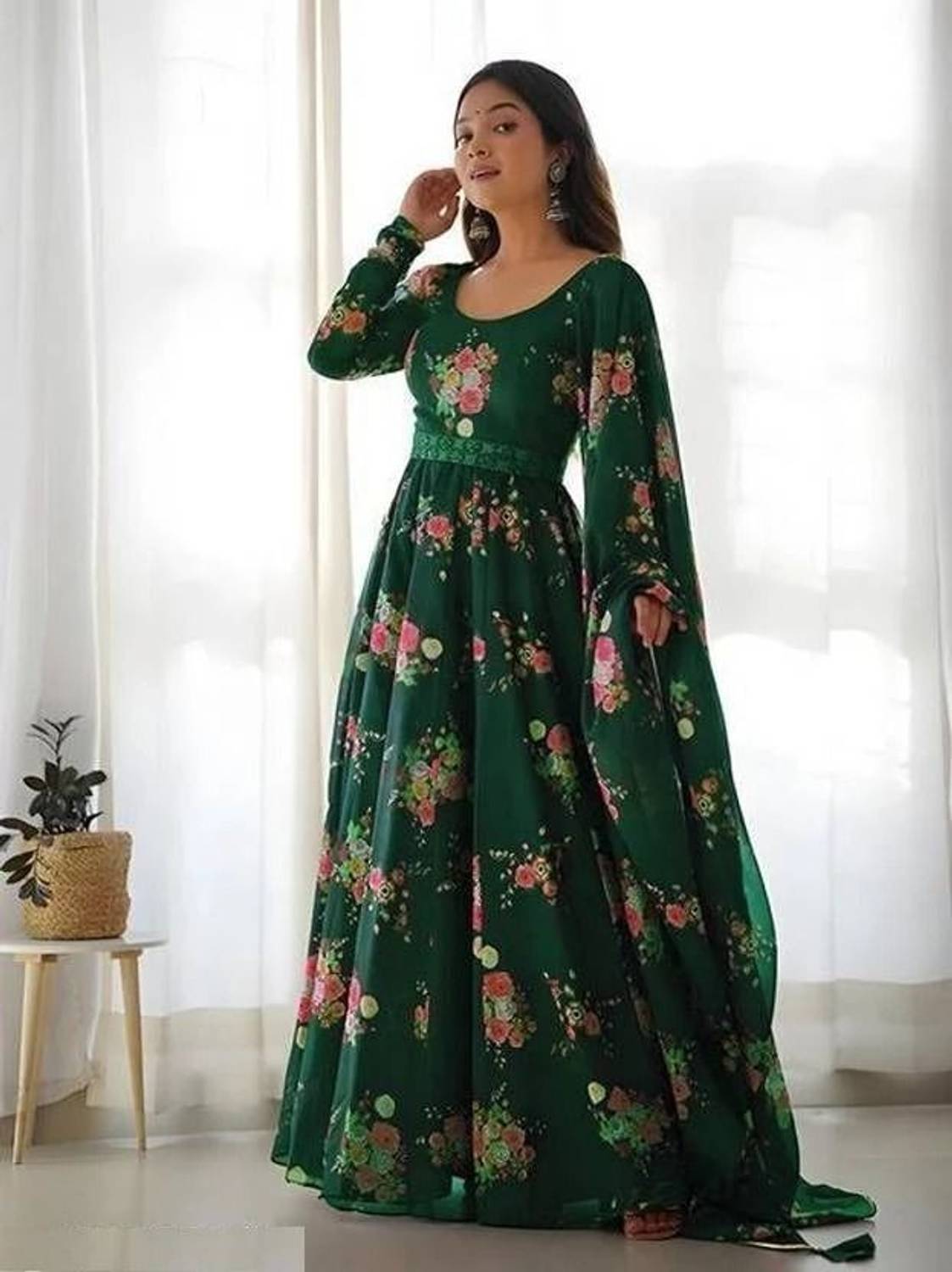 Priniti Women Printed Georgette Anarkali Kurta With Attached Dupa