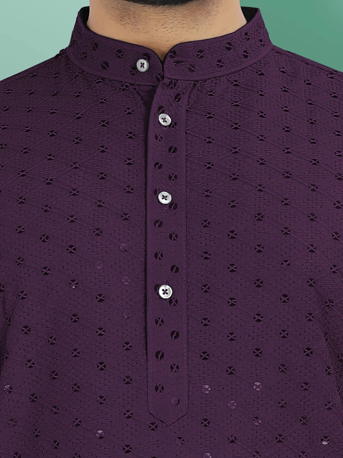 Image of ADHIRAJAN Men Chikan Embroidery Straight Kurta