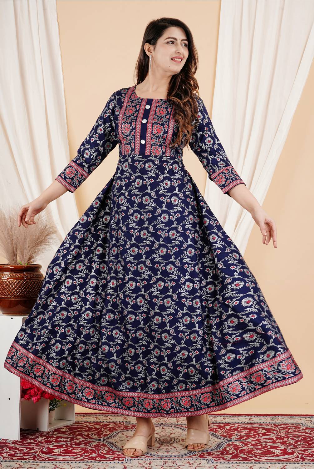 fastal look Women Printed Viscose Rayon Anarkali Kurta (Dark Blue