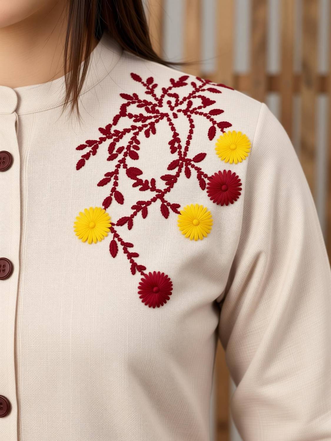 LOOMS21 Women Embroidered A-line Kurta Beige - Image 3