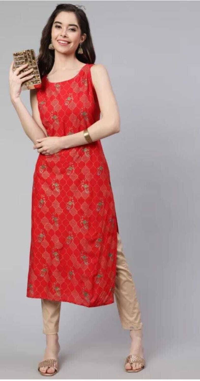 rainy rose Women Printed Viscose Rayon A-line Kurta (Red)