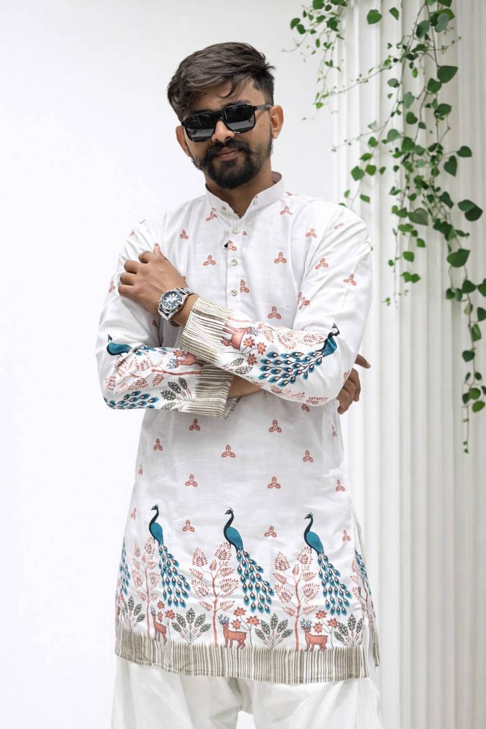 SANJU Men White Printed Straight Kurta - Image 5
