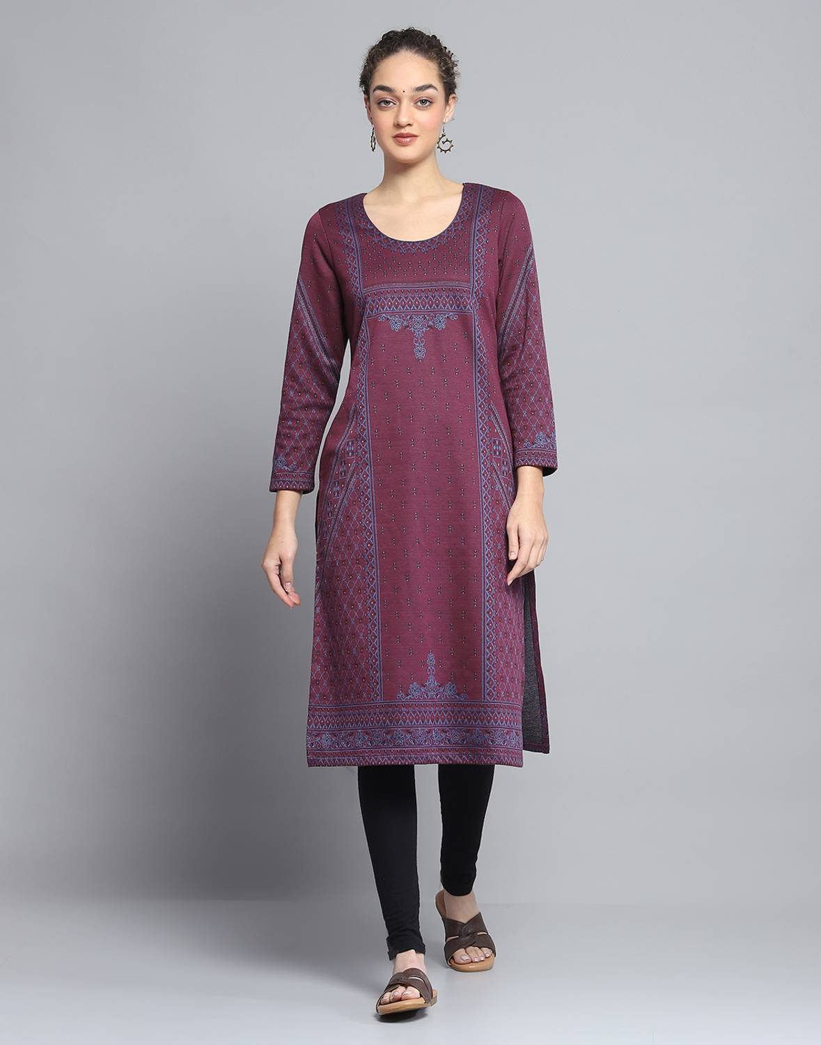 MONTE CARLO Women Printed Wool A-line Kurta (Maroon)