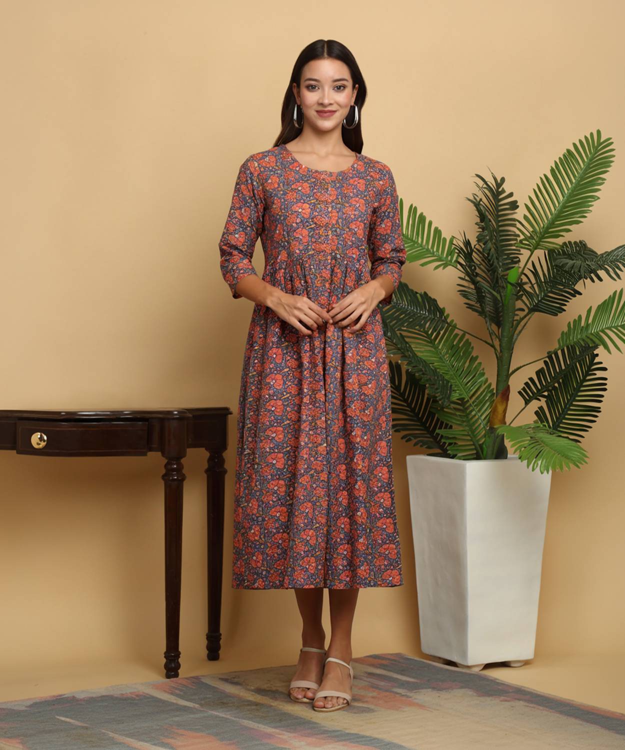 Myaza Women Printed Pure Cotton A-line Kurta (Orange)