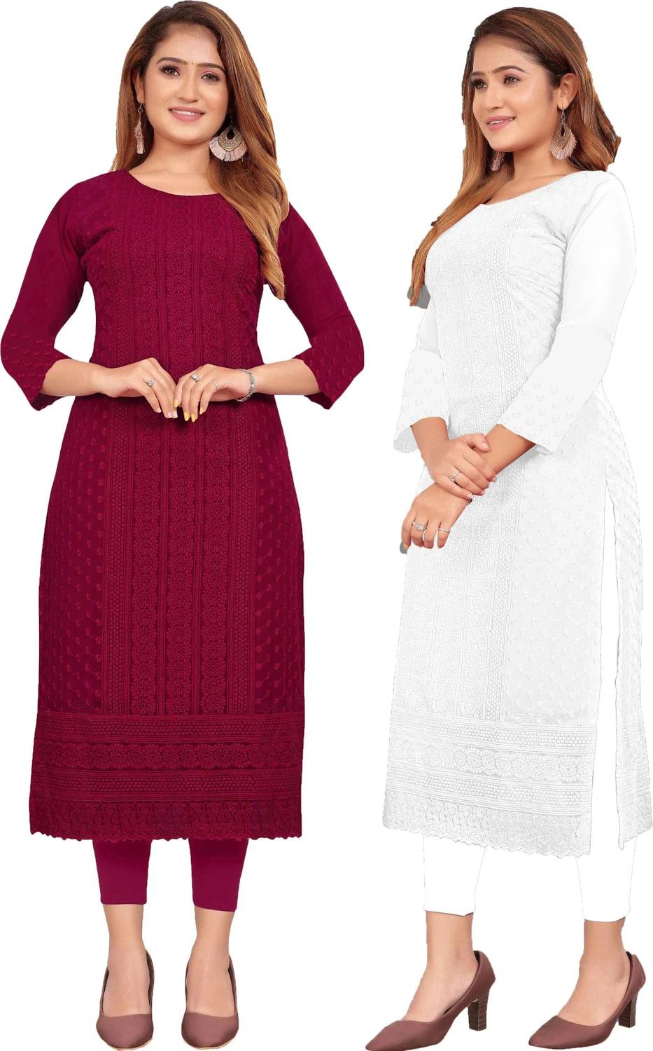KAYRAAH Pack of 2 Women Chikan Embroidery Georgette Straight Kurt