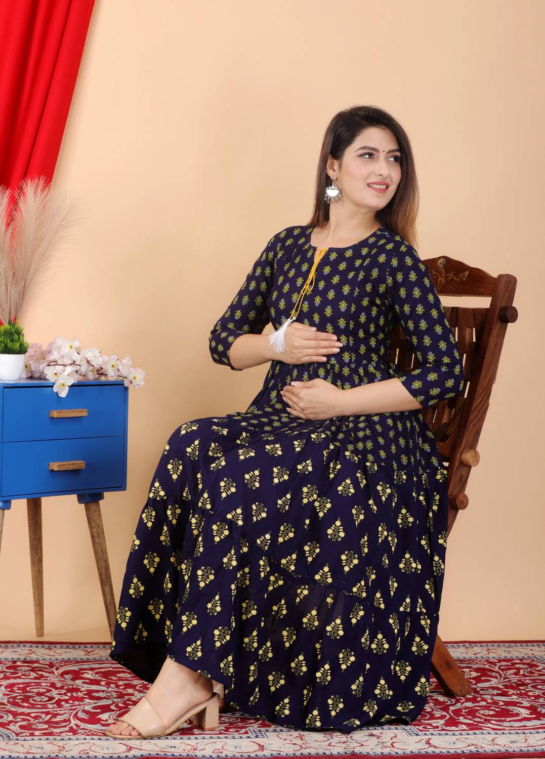 Most Women Printed Pure Cotton Flared Kurta (Blue)