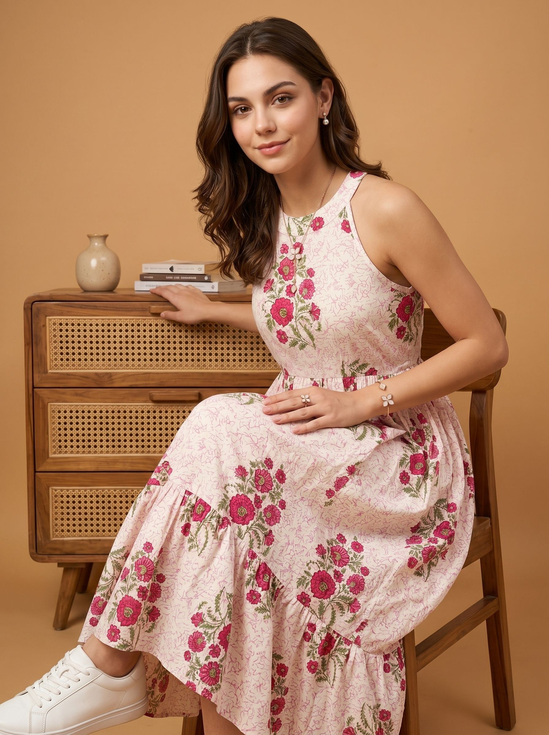 Image of PURSHOTTAM WALA Floral Print Pure Cotton Flared Kurta for Women (Red)