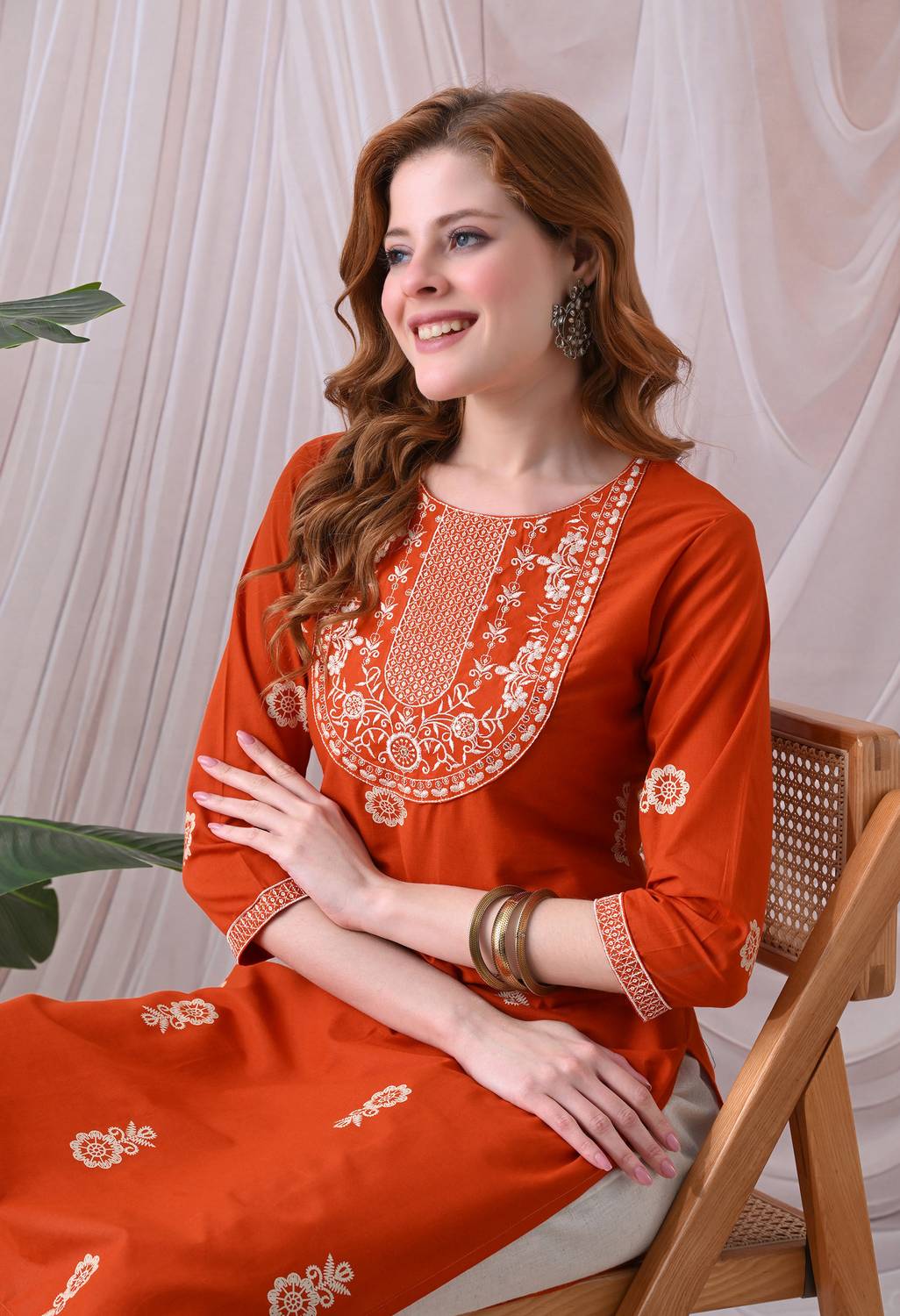 KJTRENDS Women Embroidered Pure Cotton Straight Kurta (Orange)
