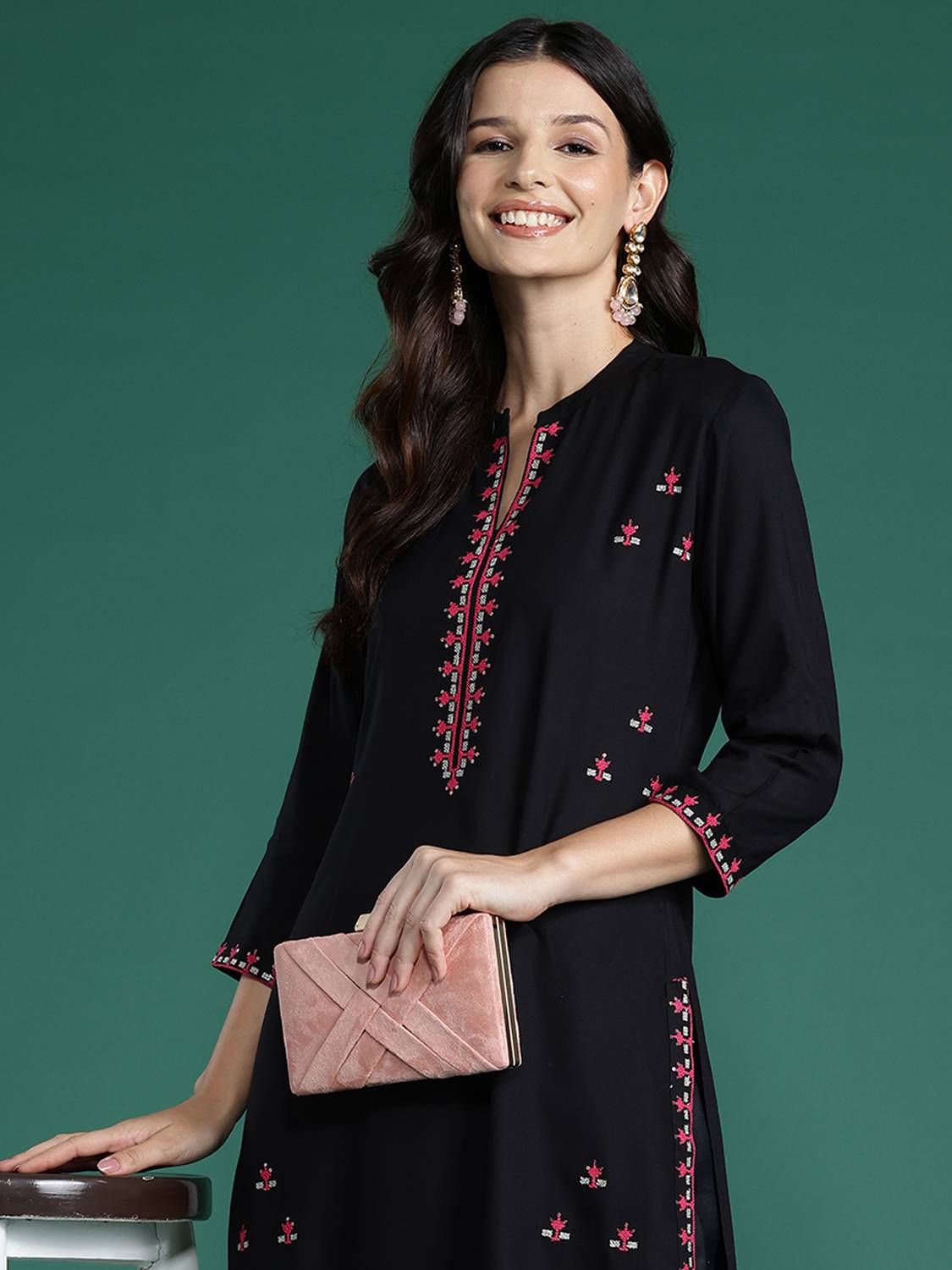 Indo Era Women Embroidered Viscose Rayon Straight Kurta (Black)