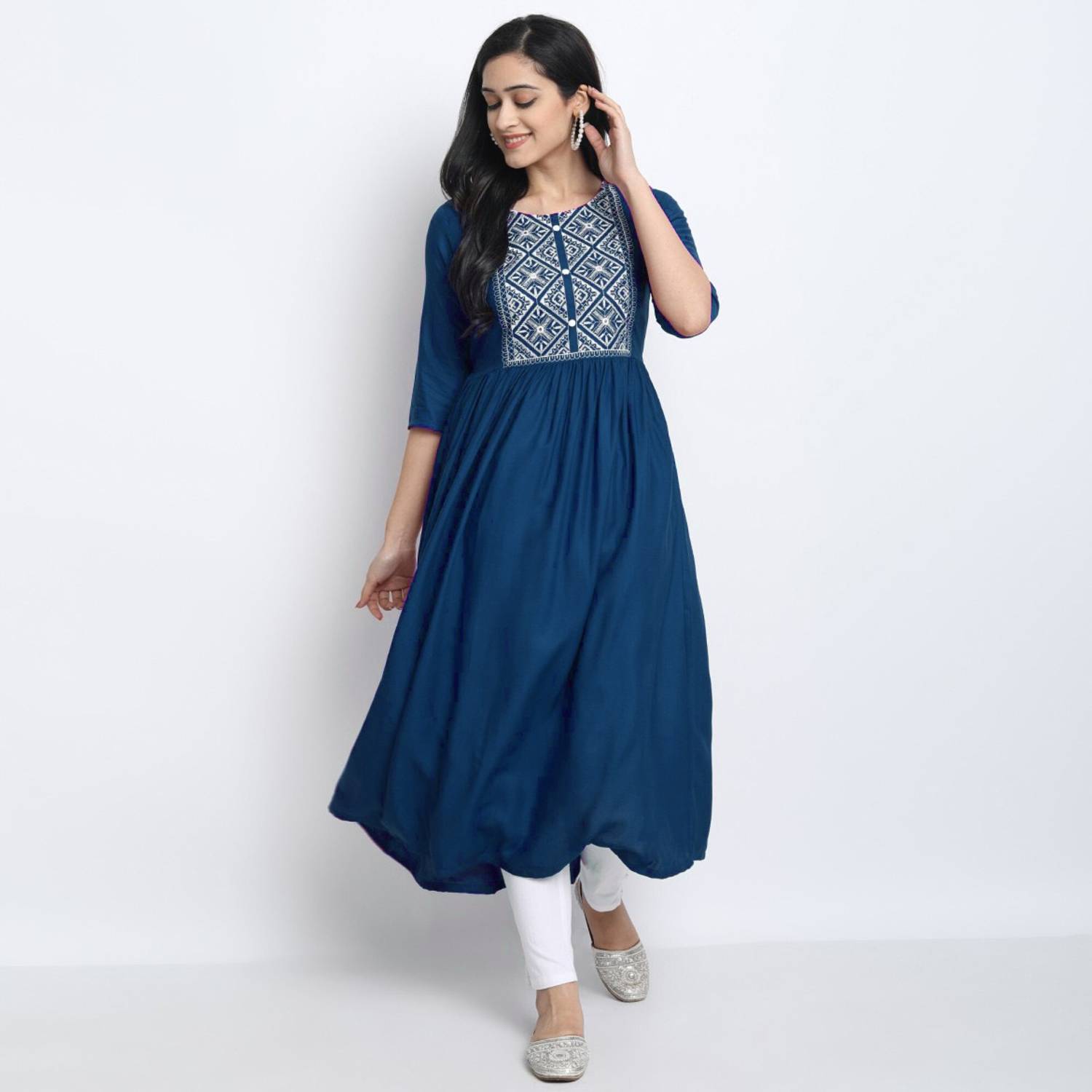 FASHION PATTI Women Embroidered Viscose Rayon Flared Kurta (Blue)