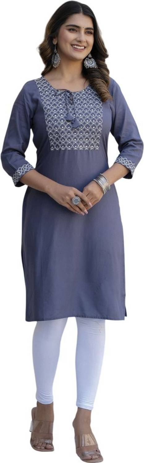 MF HAYAT Women Embroidered Viscose Rayon Straight Kurta (Grey, Wh