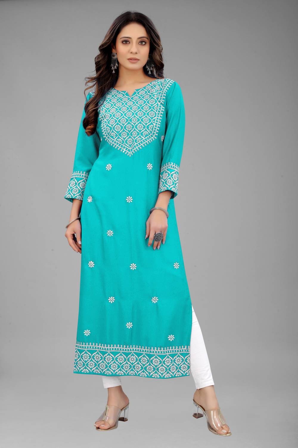fantasy fab Women Embroidered Cotton Rayon Straight Kurta (Light