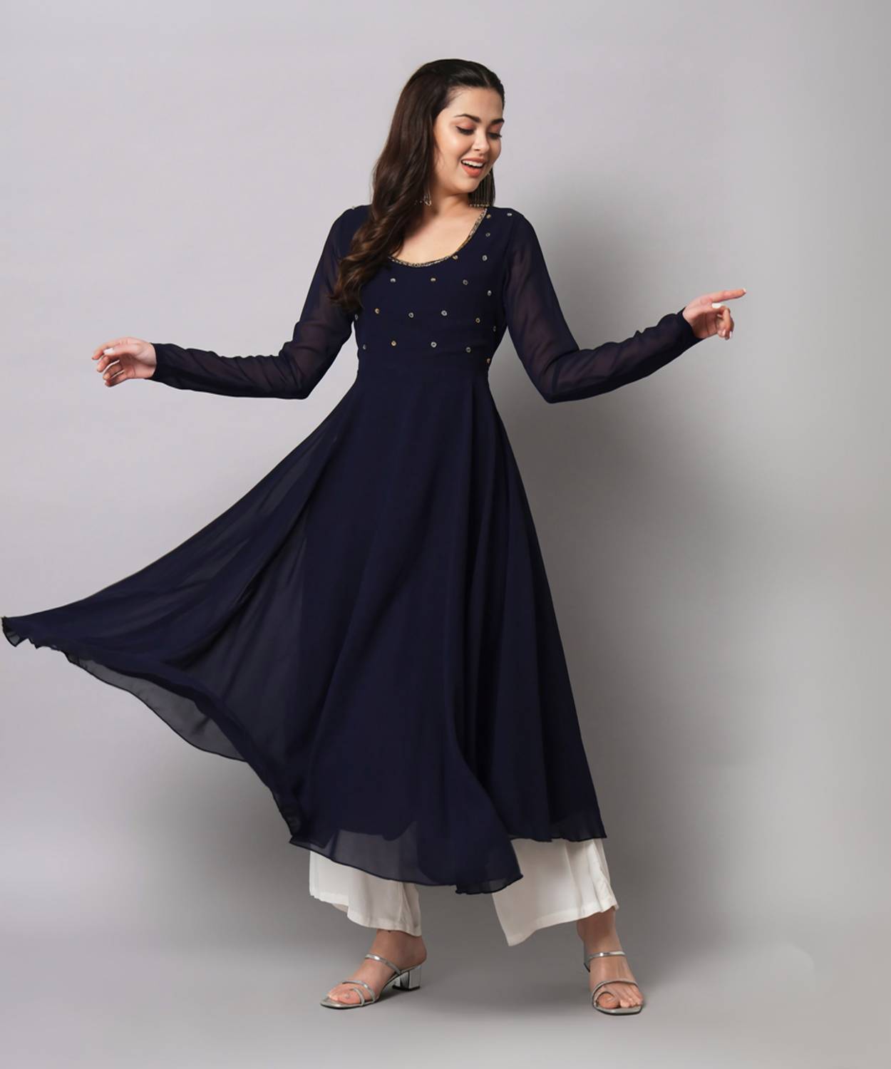 Poshak Hub Women Embroidered Georgette Anarkali Kurta (Blue)