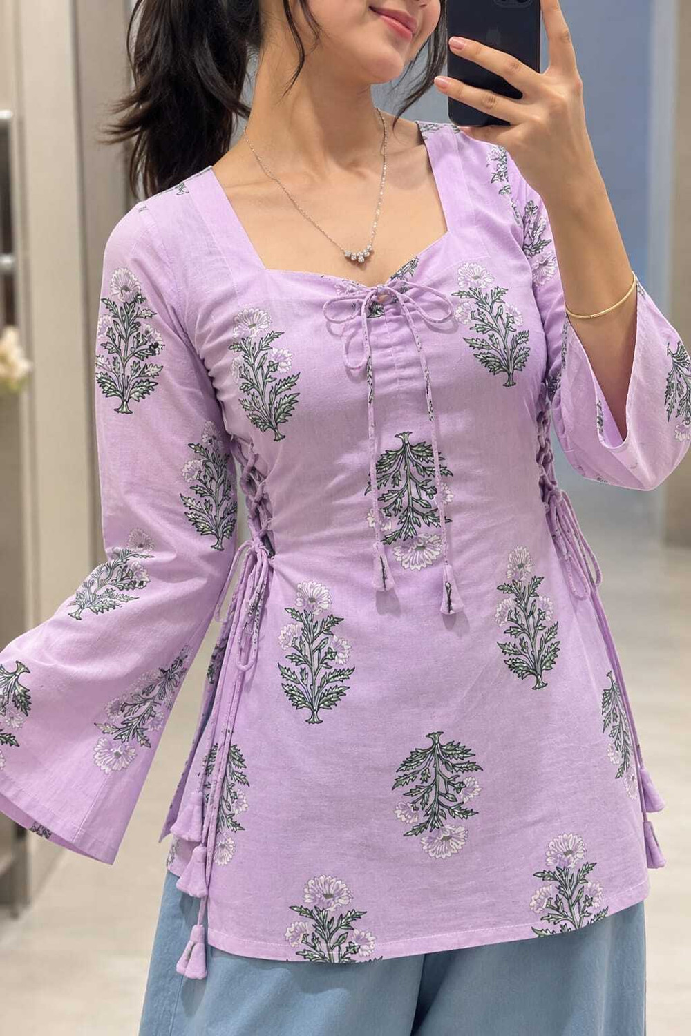 Image of Riwaazz Floral Print Viscose Rayon Tunic Kurta for Women (Purple)