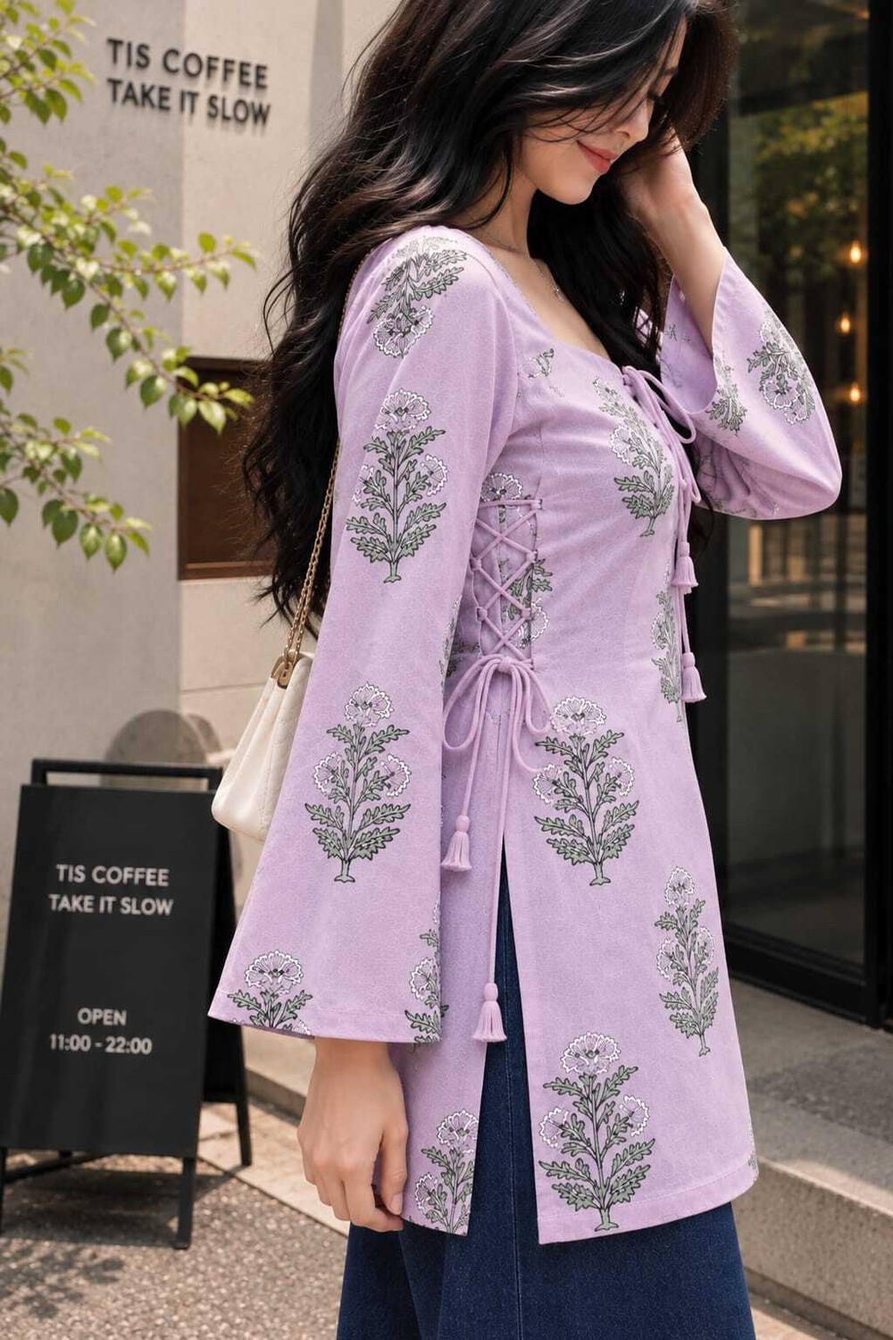 Image of Riwaazz Floral Print Viscose Rayon Tunic Kurta for Women (Purple)