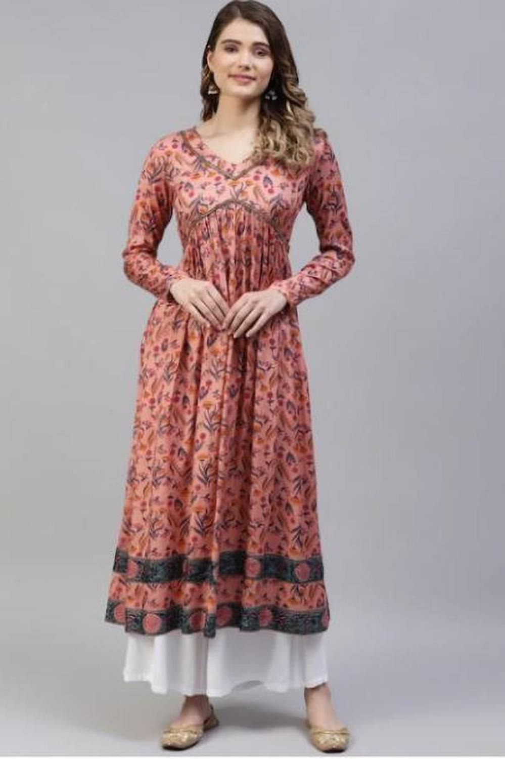 Myaza Women Printed Viscose Rayon Gown Kurta (Pink)