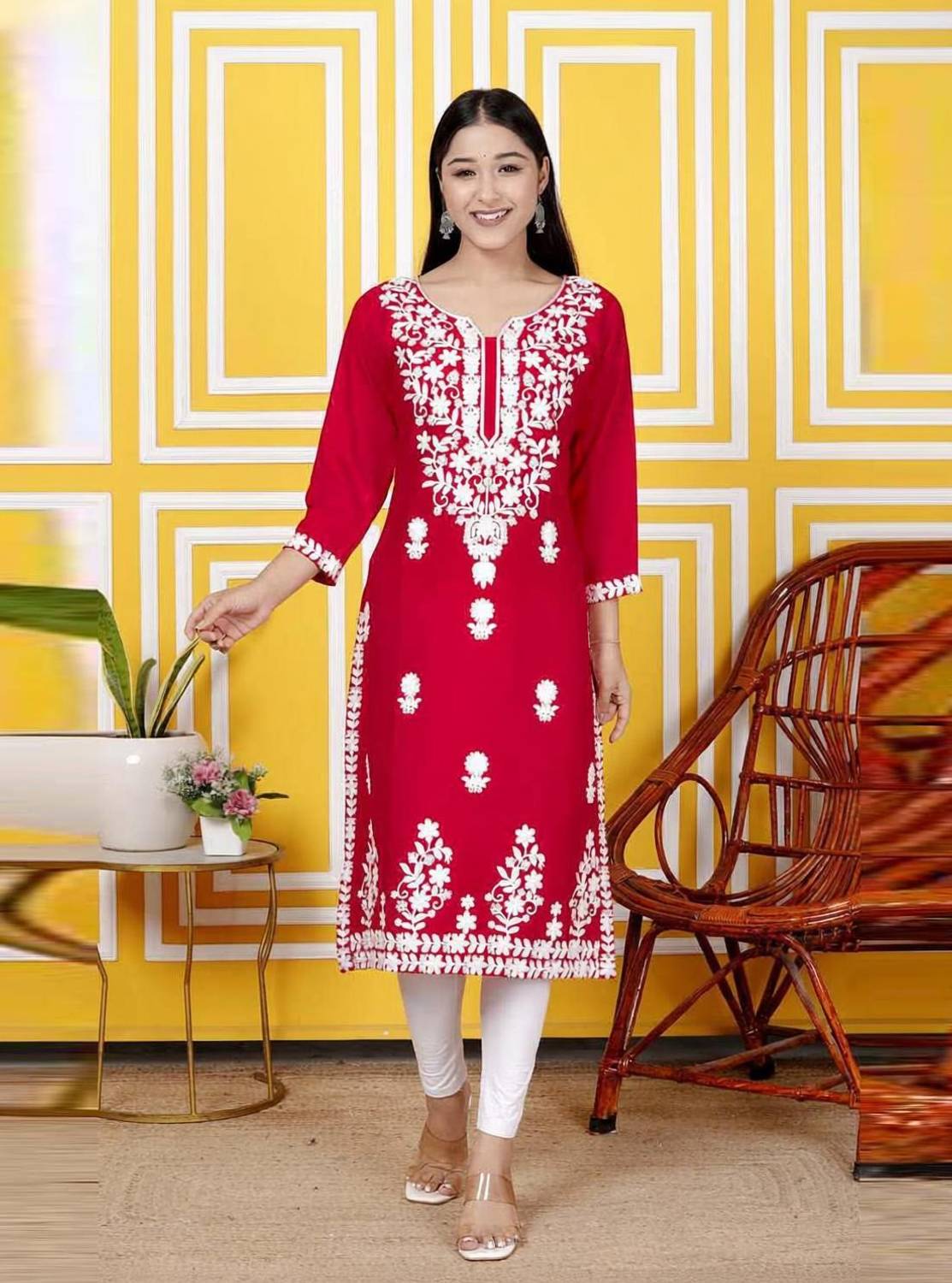 anushansa Women Chikan Embroidery Straight Kurta
