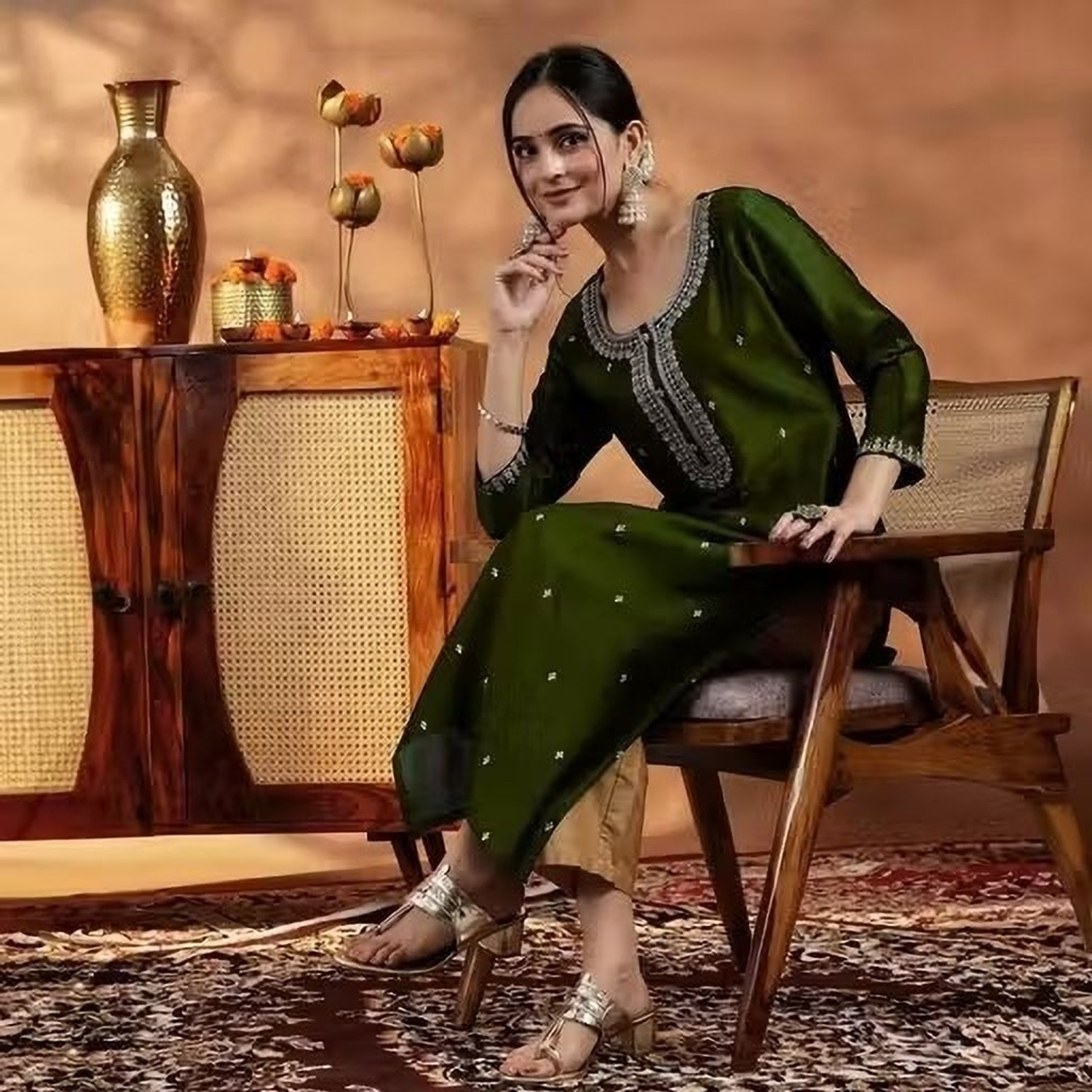 Image of BRIGHT WORLD Women Embroidered, Embellished Straight Kurta