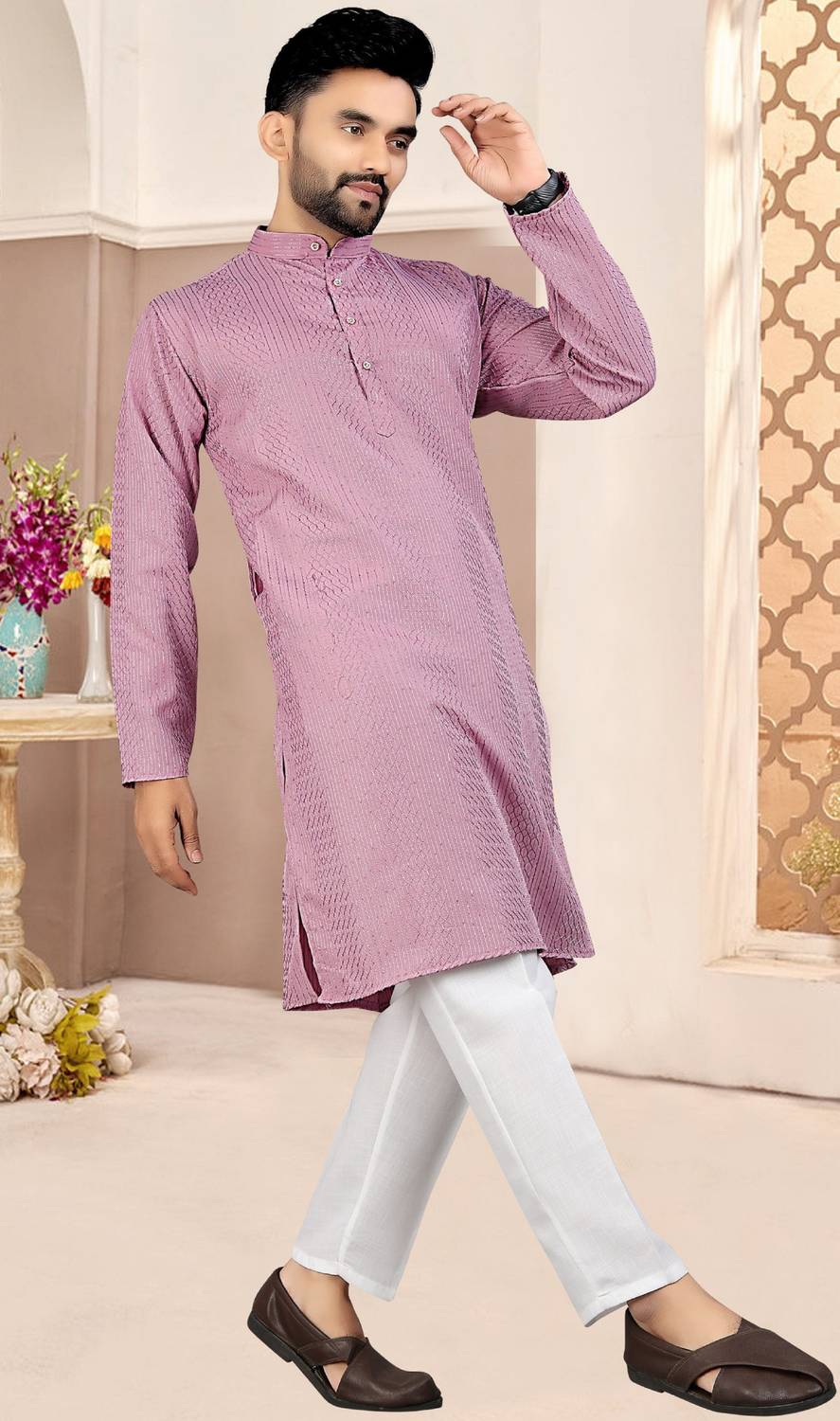 FOXDX Men Pink Straight Kurta - Image 5